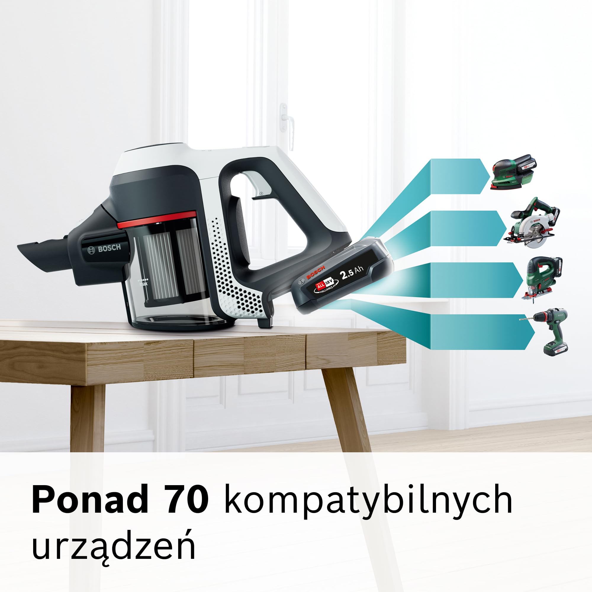 Bosch, Unlimited BCS611AM Series 6, odkurzacz bezprzewodowy, wysoka moc ssania, długi czas pracy, lekka konstrukcja, wydajny silnik, wyprodukowano w Niemczech, biały