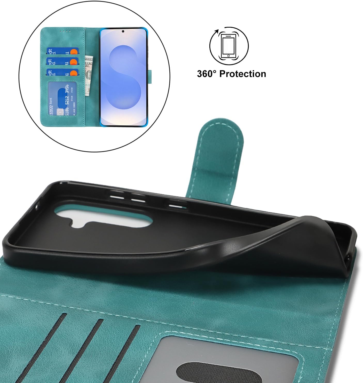 for Samsung Galaxy S25 Case Wallet with Card Holder,Galaxy S25 Wallet Case for Men Women,PU Leather Magnetic Buckle Stand Flip Phone Case Cover-Light Green - Image 5