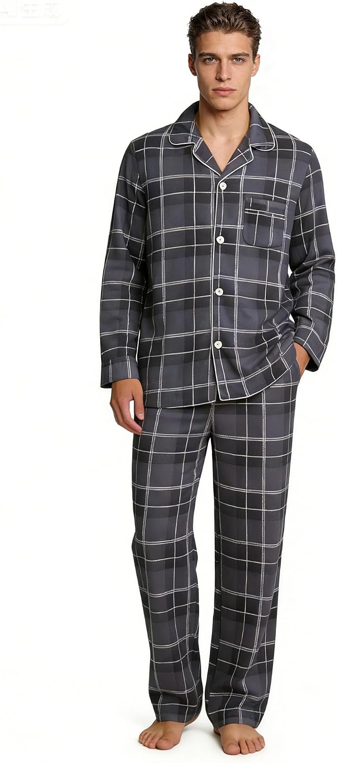 Vulcanodon Mens Plaid Pajama Set, Ultra Soft Button Down Pjs Loungwear