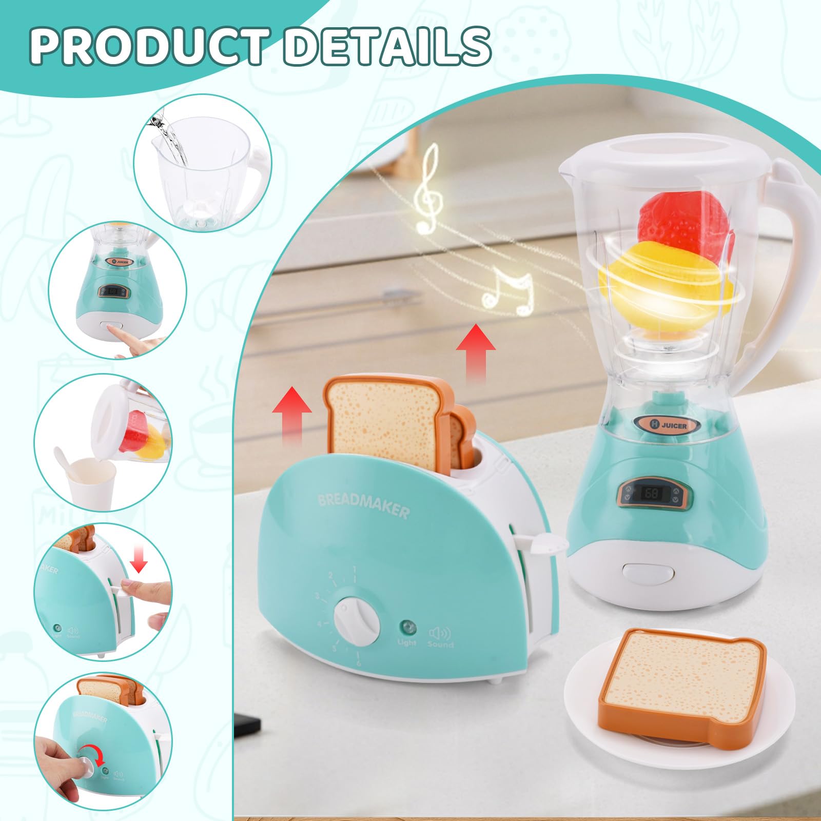 Accessoire Cuisine Enfant,Cuisine Electroménager Enfant,Jeu de Rôle Comprenant Une Cafetière,Un Presse-Agrumes,Un Mixeur,Un Grille-Pain et d'autres Accessoires Cuisine,Dinette Enfant 3 Ans