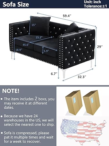 Miniatura 2 de Fulocseny Sofá biplaza tapizado de terciopelo, sofá de 59.4 pulgadas con botones joyas y brazos cuadrados, moderno botón y patas de metal, sofá con