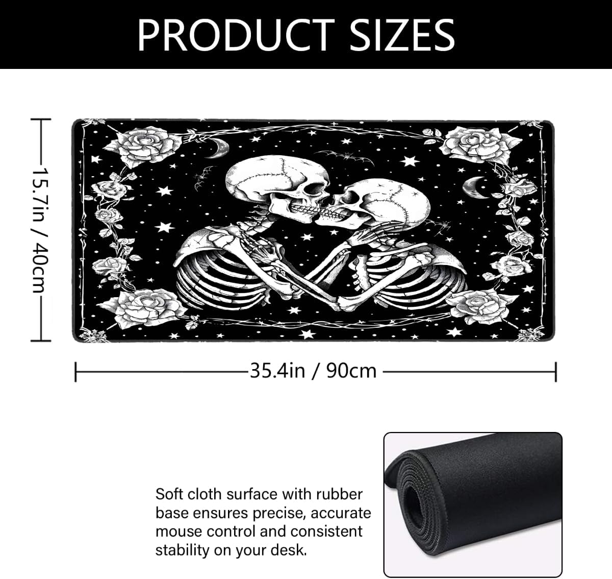 Large Black Romantic Skull Mouse Mat Computer Mousepad with Non-Slip Rubber Base Waterproof Mouse Pad Desktop Keyboard Pad for Gamer,Home School Laptop Office Accessories,16x35.5in