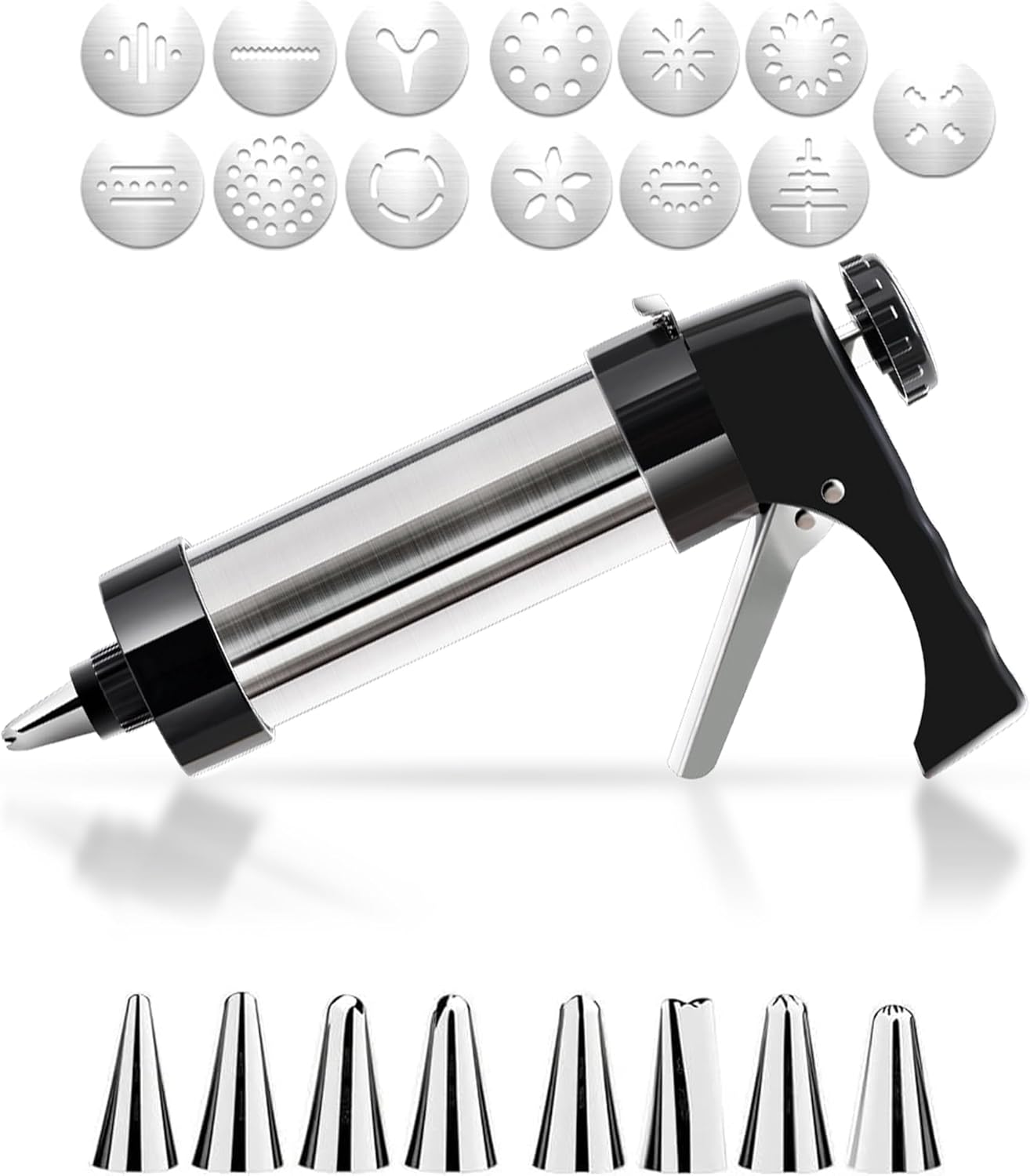 Stainless Steel Cookie Press Gun for Baking with 13 Cookie Discs and 8 Piping Tips for Biscuits, Cream Piping Baking & Decorating (Black)