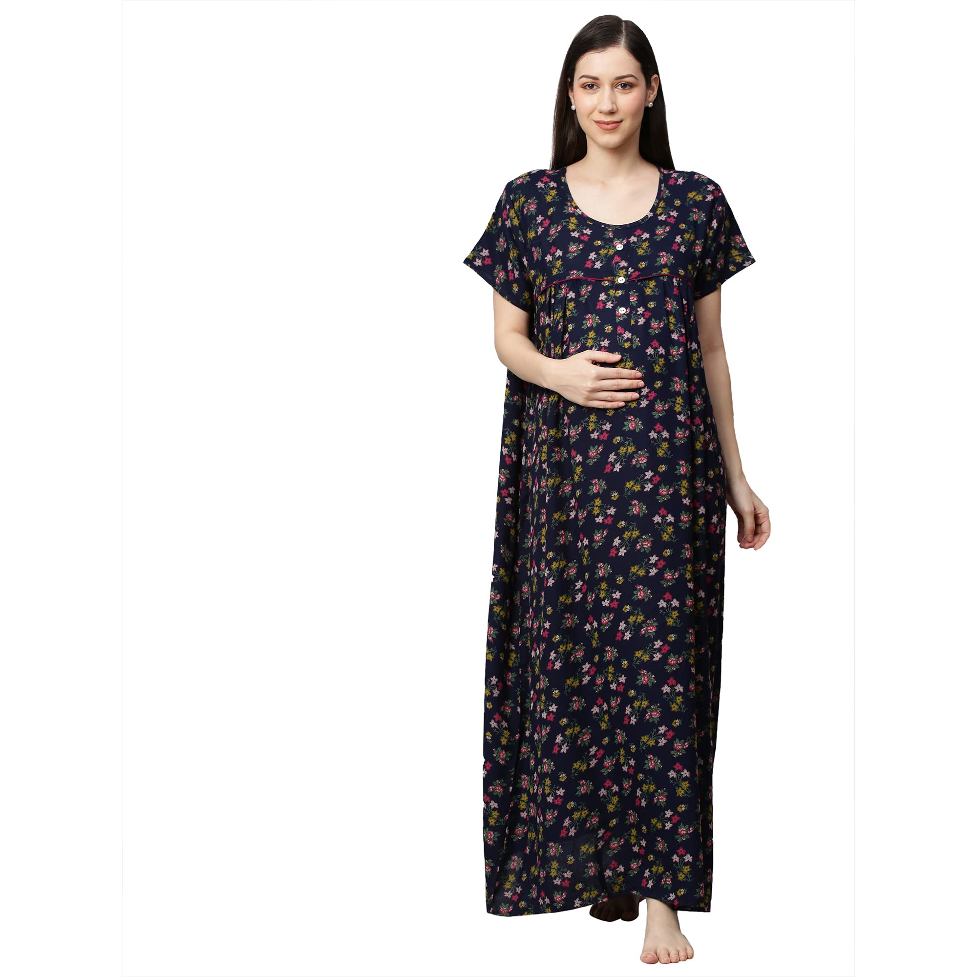 Women's Cotton Blend Maxi Maternity Nighty/Feeding Nighty/Pregnancy Night Gown/A-Line Nursing Nighty with Zippers for Nursing Pre and Post Pregnancy - Floral Print
