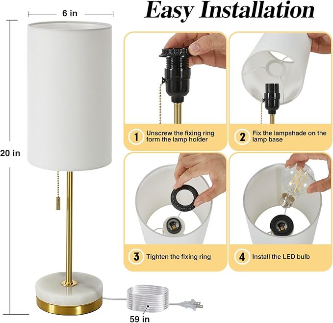 Luvkczc Desk Lamp & Table Lamp Set of 2, Bedside Lamps for Night Stands - Modern Small Table Lamps with Marble Base, Fabric Shade, Mini Pull Chain Bedroom Lamps for Living Room, Office, Reading (Gold) photo 6