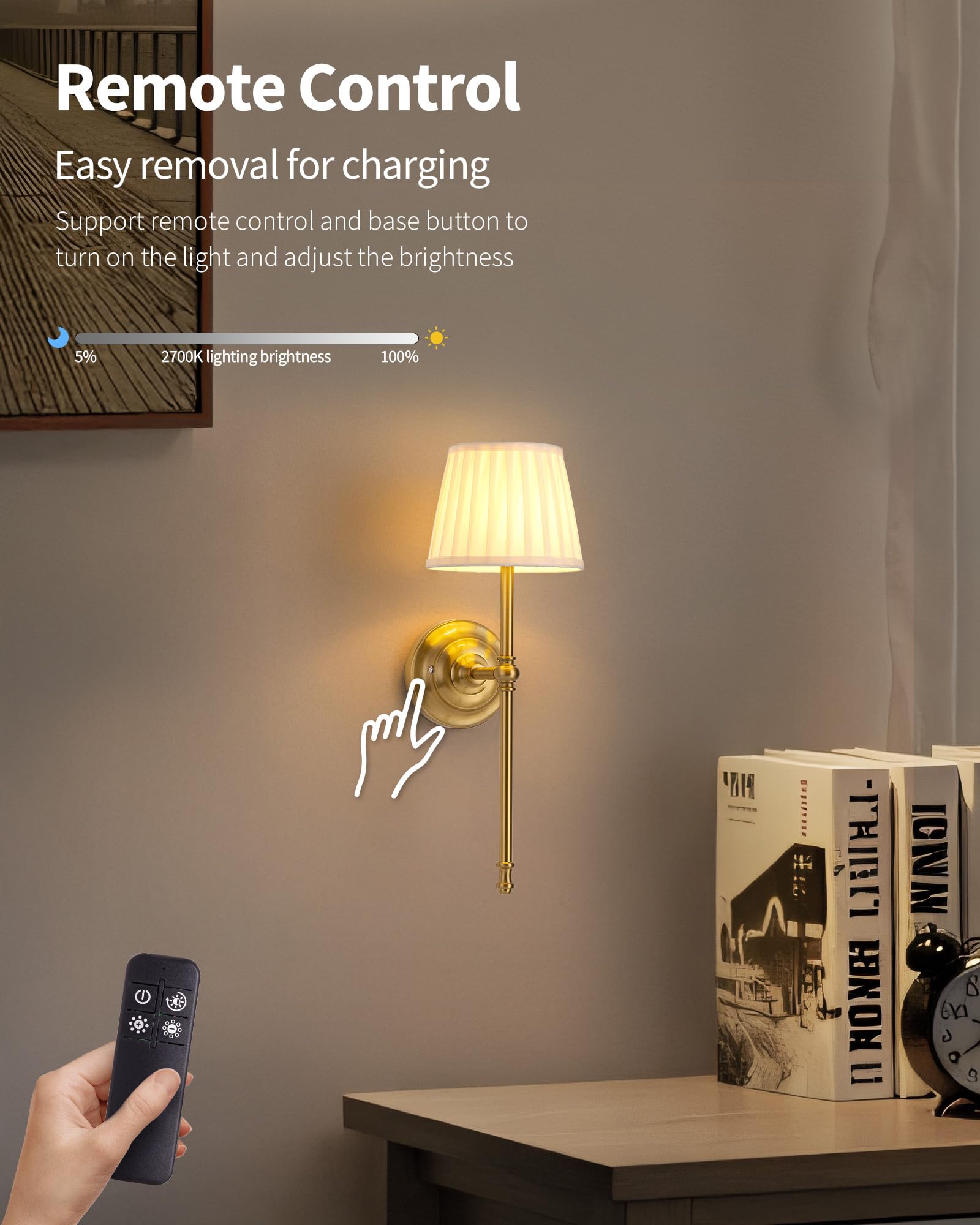 Applique da Parete Ricaricabile 2 Pezzi, Lampada da Parete a LED in Tessuto cCon Batteria Ricaricabile, Illuminazione Dimmerabile Con 5200 mAh E Telecomando Wireless Per Interno (Oro)