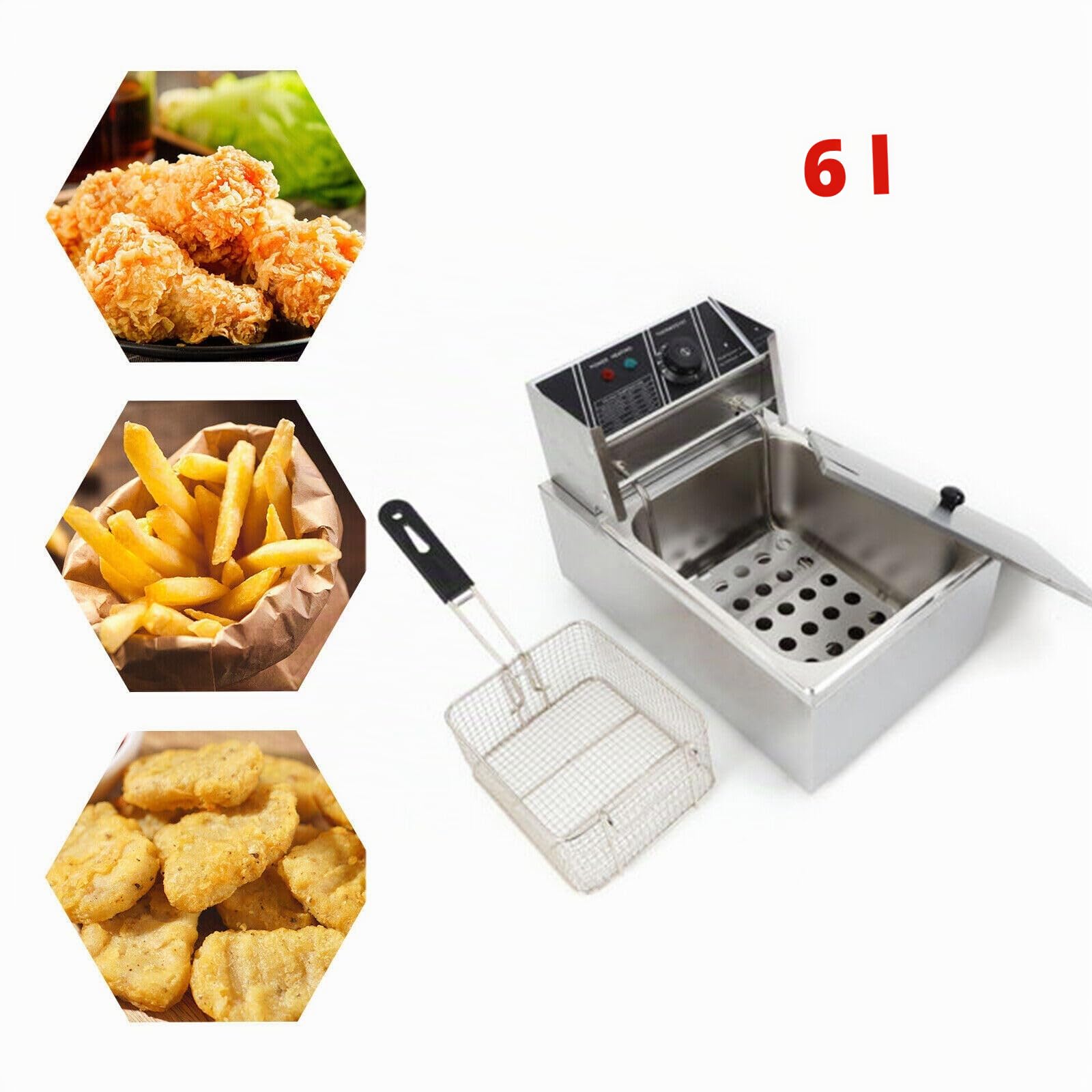 Friggitrice elettrica da 6 l, 2500 W, con coperchio in acciaio inox, per uso domestico e commerciale
