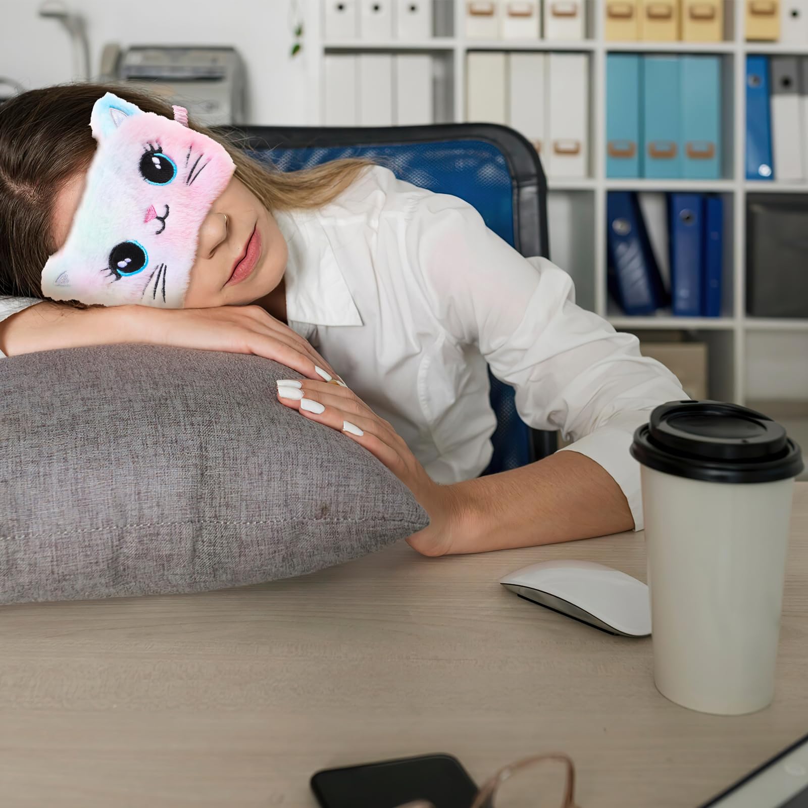 2 stuks schattige reizen kat slaap oogmasker, zachte dieren cartoon grappige blinddoek slapen oogmasker oogdekking voor vrouwen meisjes kinderen slaap vliegtuig kantoor dutje (roze grijs