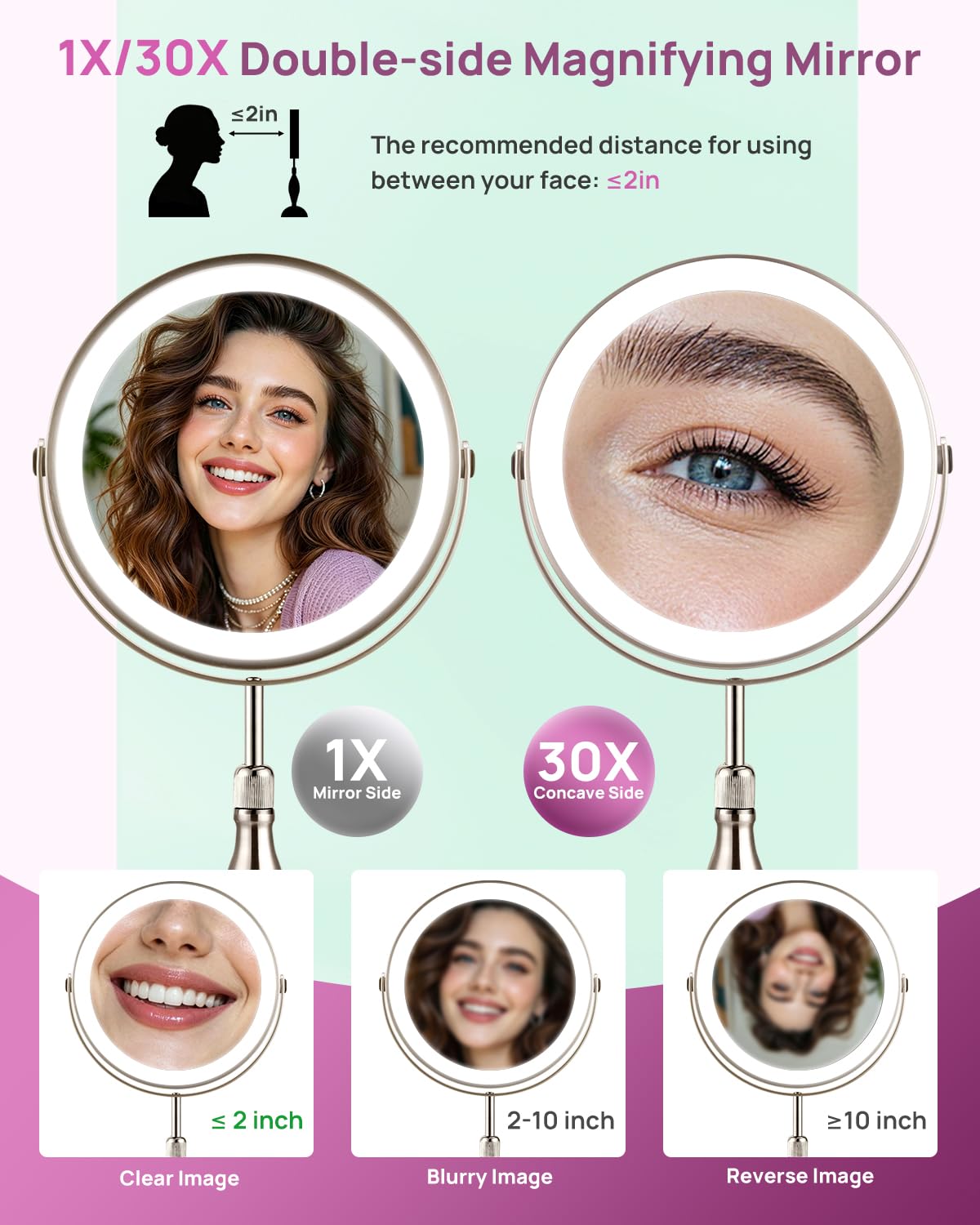 Espejo de aumento de 30 aumentos con luces, espejo de maquillaje ajustable