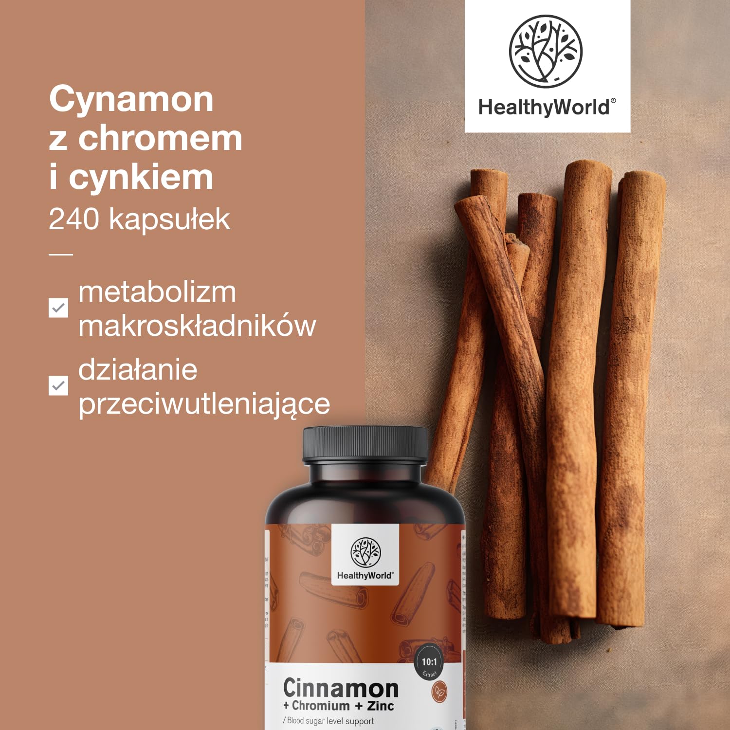 HealthyWorld Cynamon z chromem i cynkiem - 240 kapsułek roślinnych - Wegetariańskie - Wysoka dawka - Zapas na 4 miesiące - Najwyższa jakość - Trzy aktywne składniki - Regulacja poziomu cukru we krwi