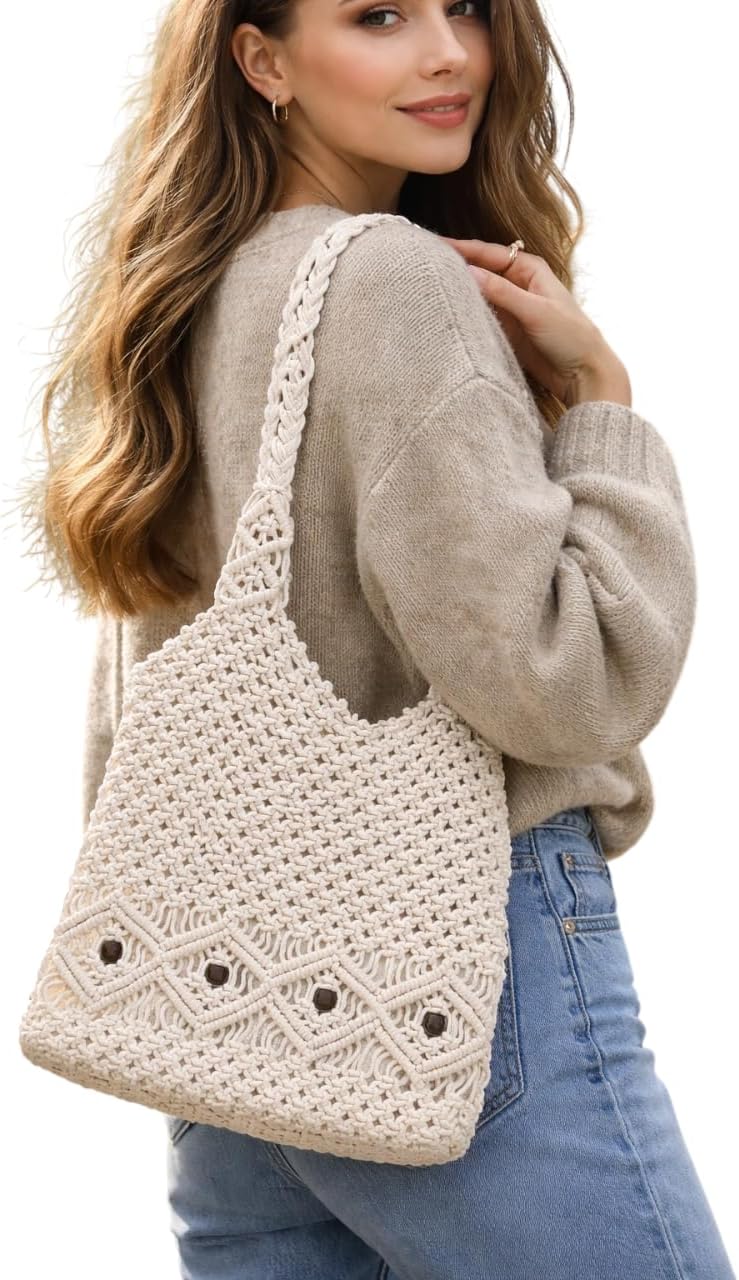Handmade Crochet Shoulder Tote Bag for Women – Boho Knitted Cotton Handbag.