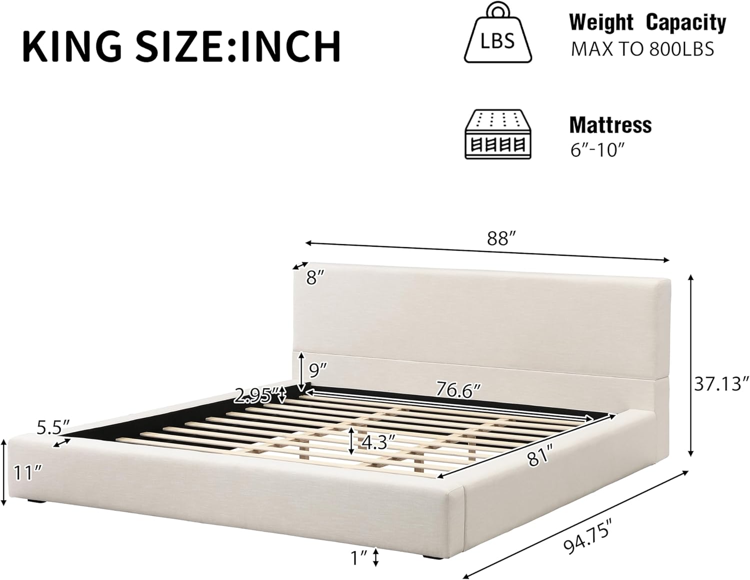 Merax King Size Bed Frame, 95" L x 88" W Upholstered Platform Bed with 8" Thick Linen Headboard & Footboard, Sturdy Wood Slat Support, No Box Spring Needed, Easy Assembly, Beige