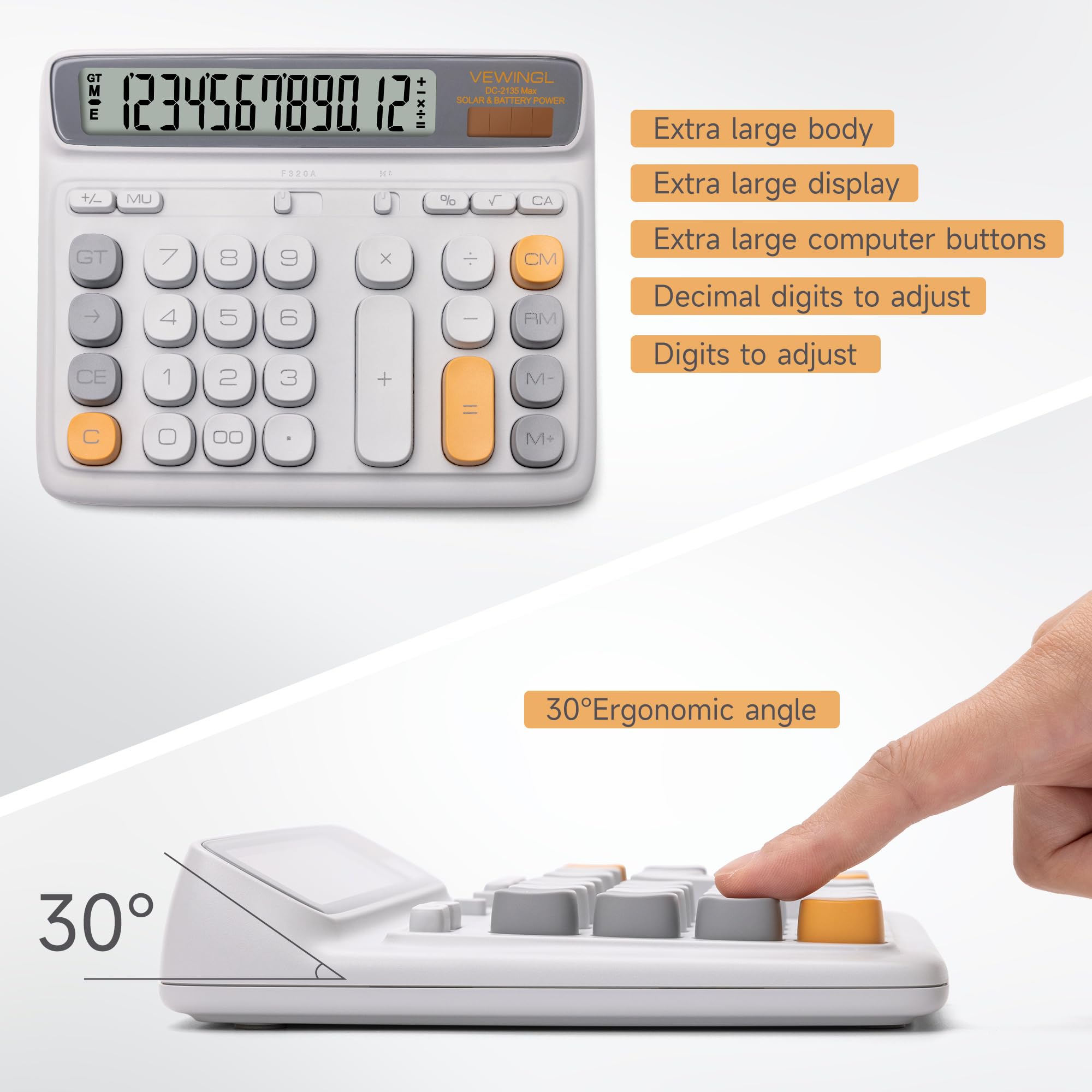 VEWINGL Tischrechner, 12-stelliges großes LCD-Display, große Tasten im Computer-Stil, Dual-Power (Solar und Batterie), automatischer Schlafmodus, für Büro, Schule, Zuhause und Geschäft, 19 x 16 cm