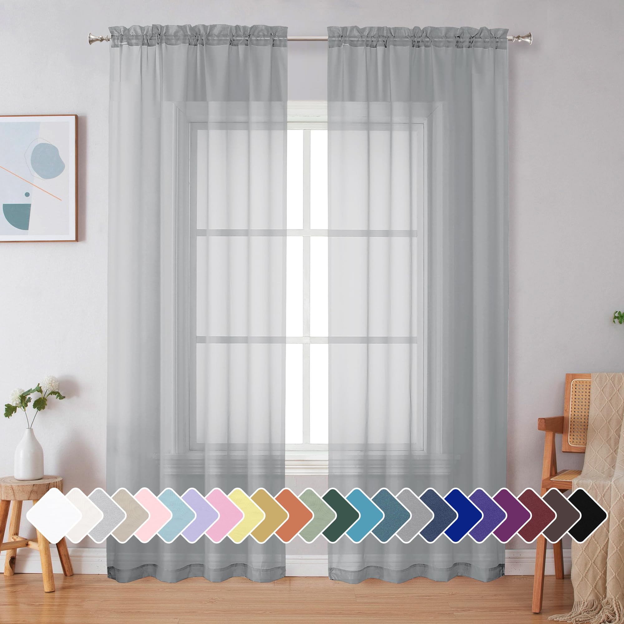 Simplebrand Light Grey Sheer Curtains 90 Inches Long 2 Panels for Bedroom