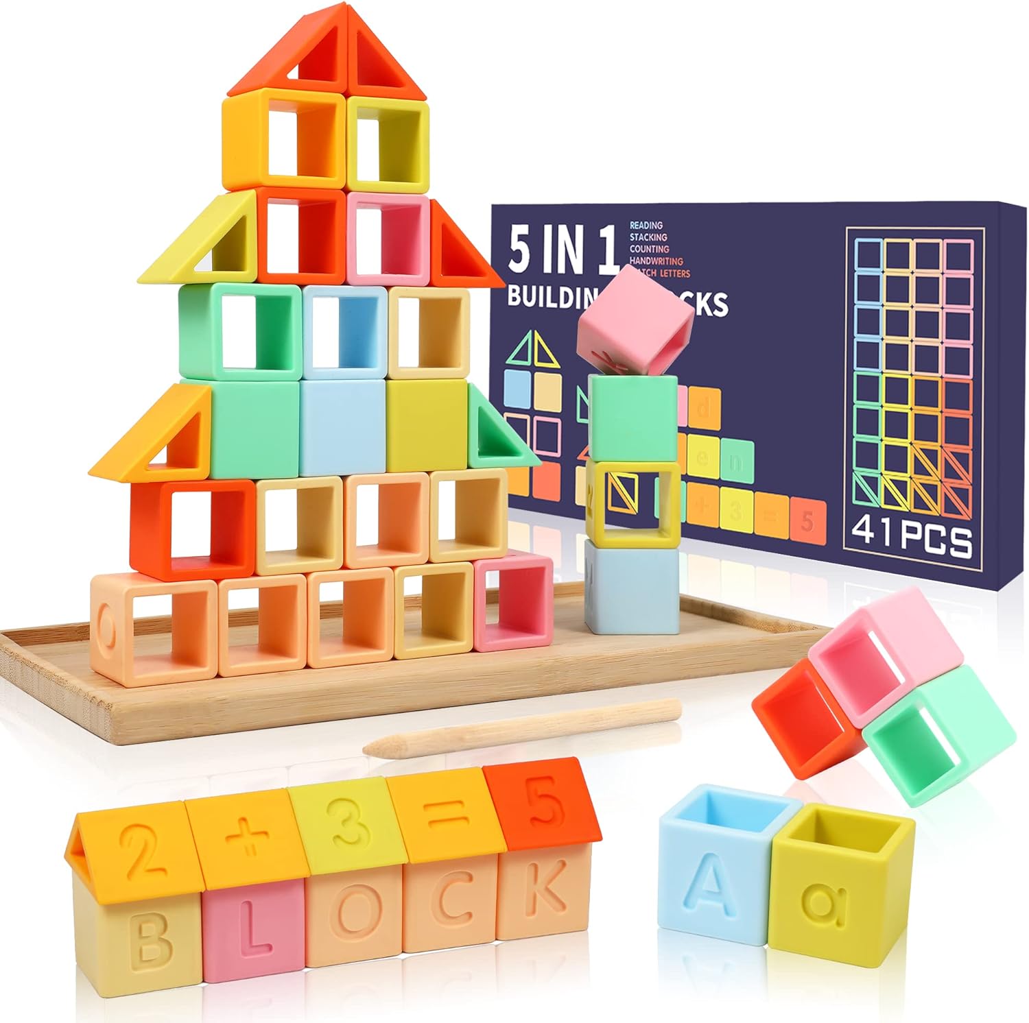 5 in 1 Montessori Silicone Building Blocks Rainbow Stacker