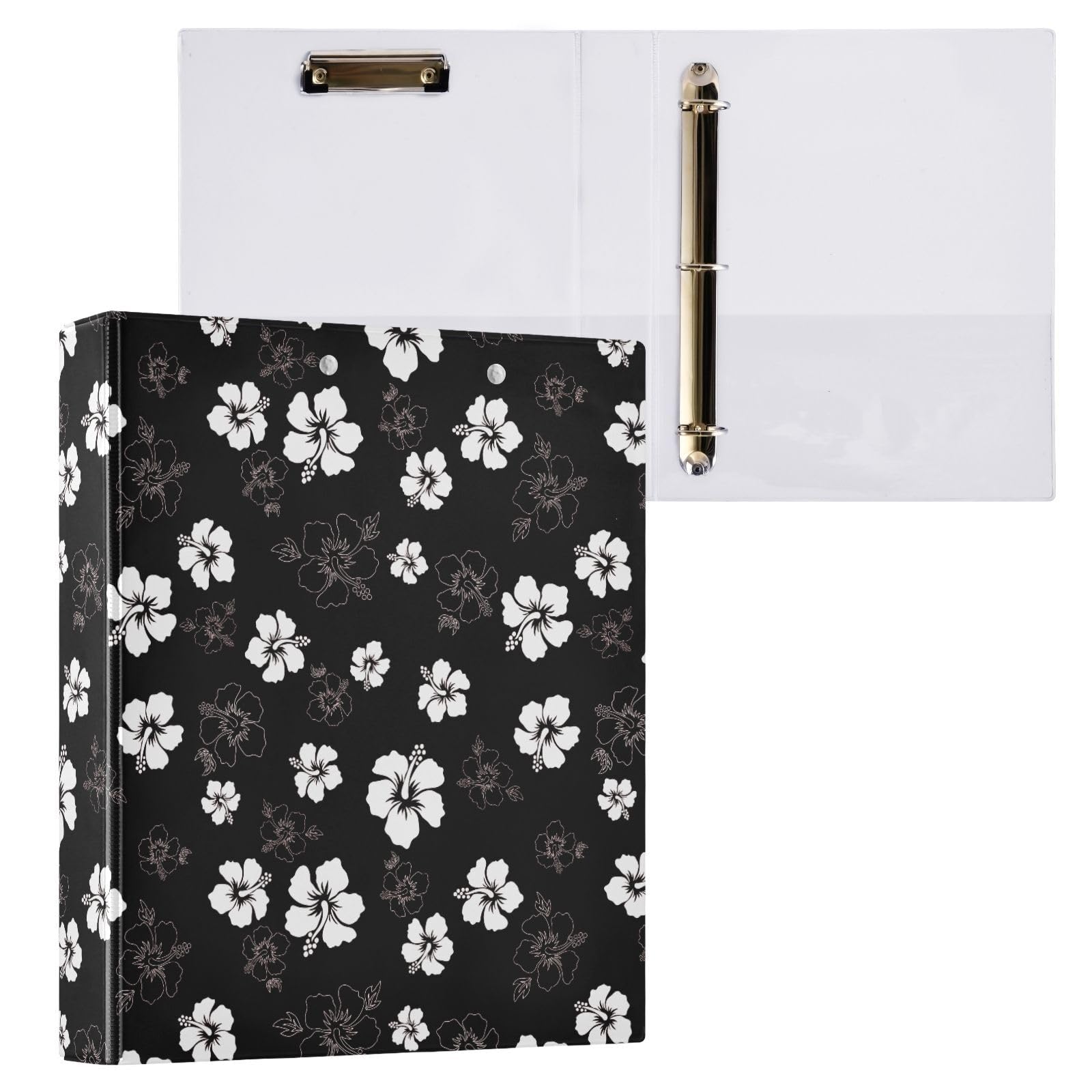 Raccoglitore a 3 anelli con fiori di ibisco bianco e nero da 3,8 cm, con portablocco e 3 tasche trasparenti, contiene 200 fogli di carta formato A4, impermeabile, per scuola, casa e ufficio