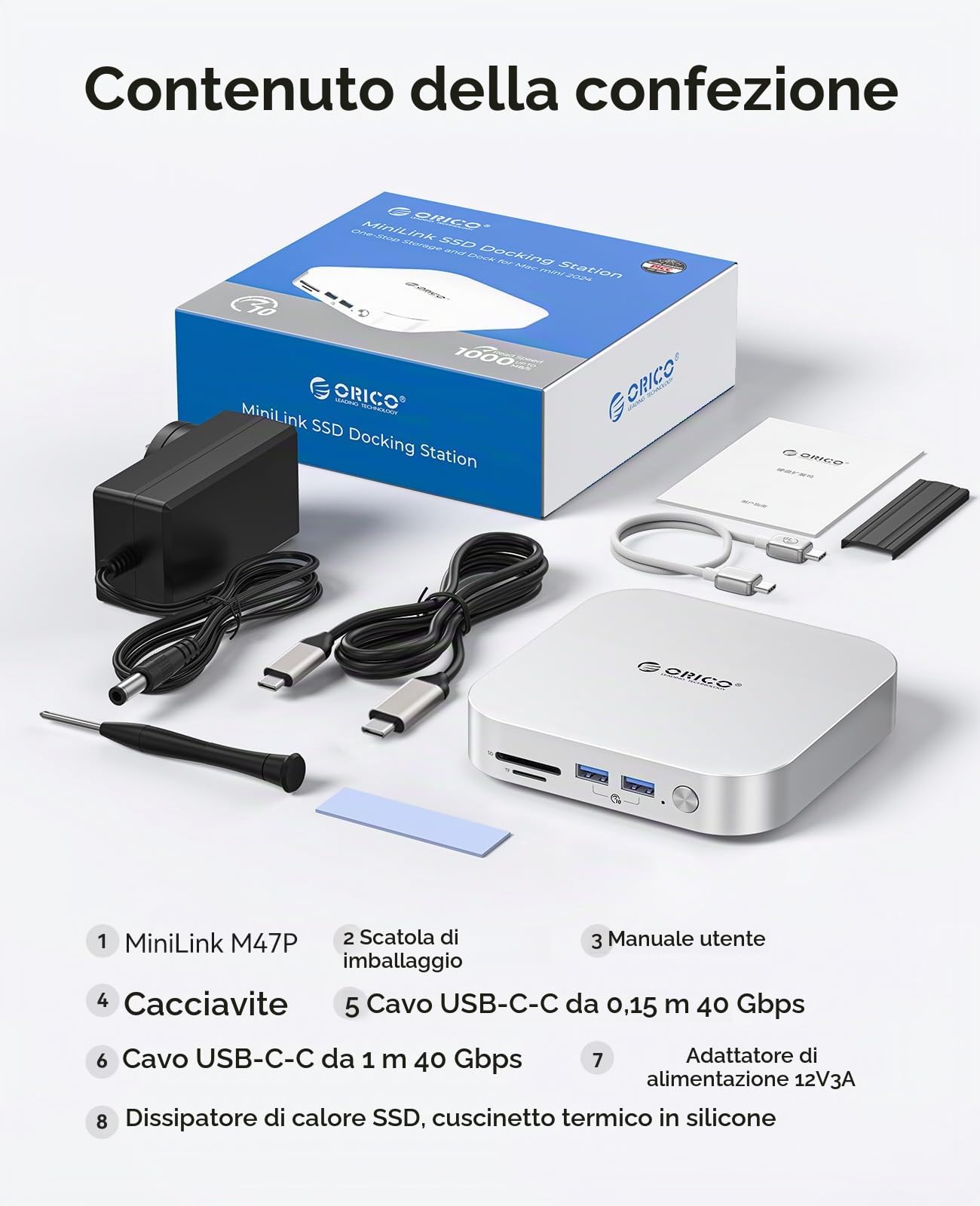 ORICO 40Gbps MiniLink M47P Hub Compatibile con Mac Mini M4, USB C Dock in Alluminio con Doppio Alloggiamento SSD per M.2 NVMe, fino a 3000MB/s, 3 USB 3.2, SD/TF 4.0