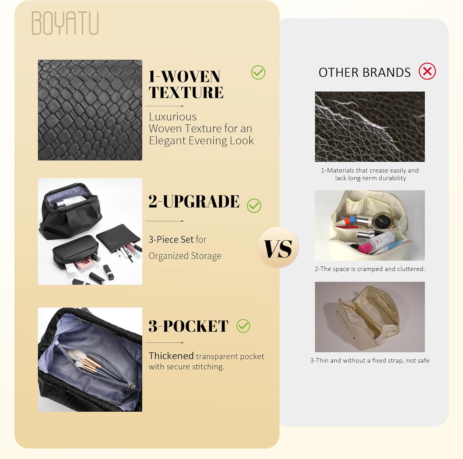 BOYATU Travel Makeup Bags for Women: Elegant Evening Woven Vegan Leather Make up Bag Clutch – 3 Pcs Set Large Capacity Compact Cosmetic Organizer for Purse, Ideal Bridesmaid Gift (Black)