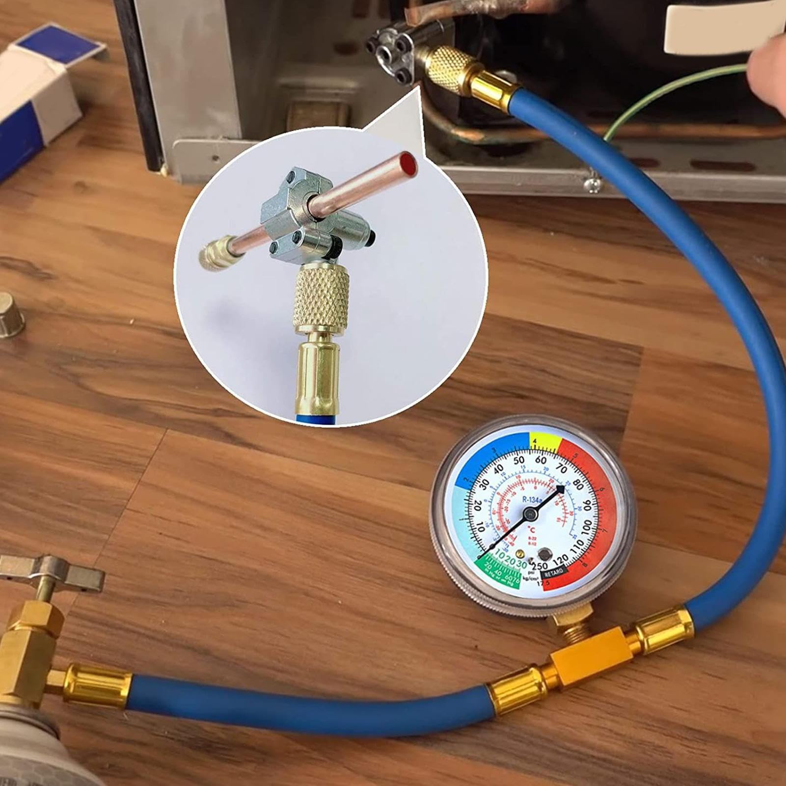 Kit di ricarica per aria condizionata, kit di ricarica AC – set di tubi con valvola di perforazione e punta per gas refrigerante manutenzione stagionale officina domestica uso