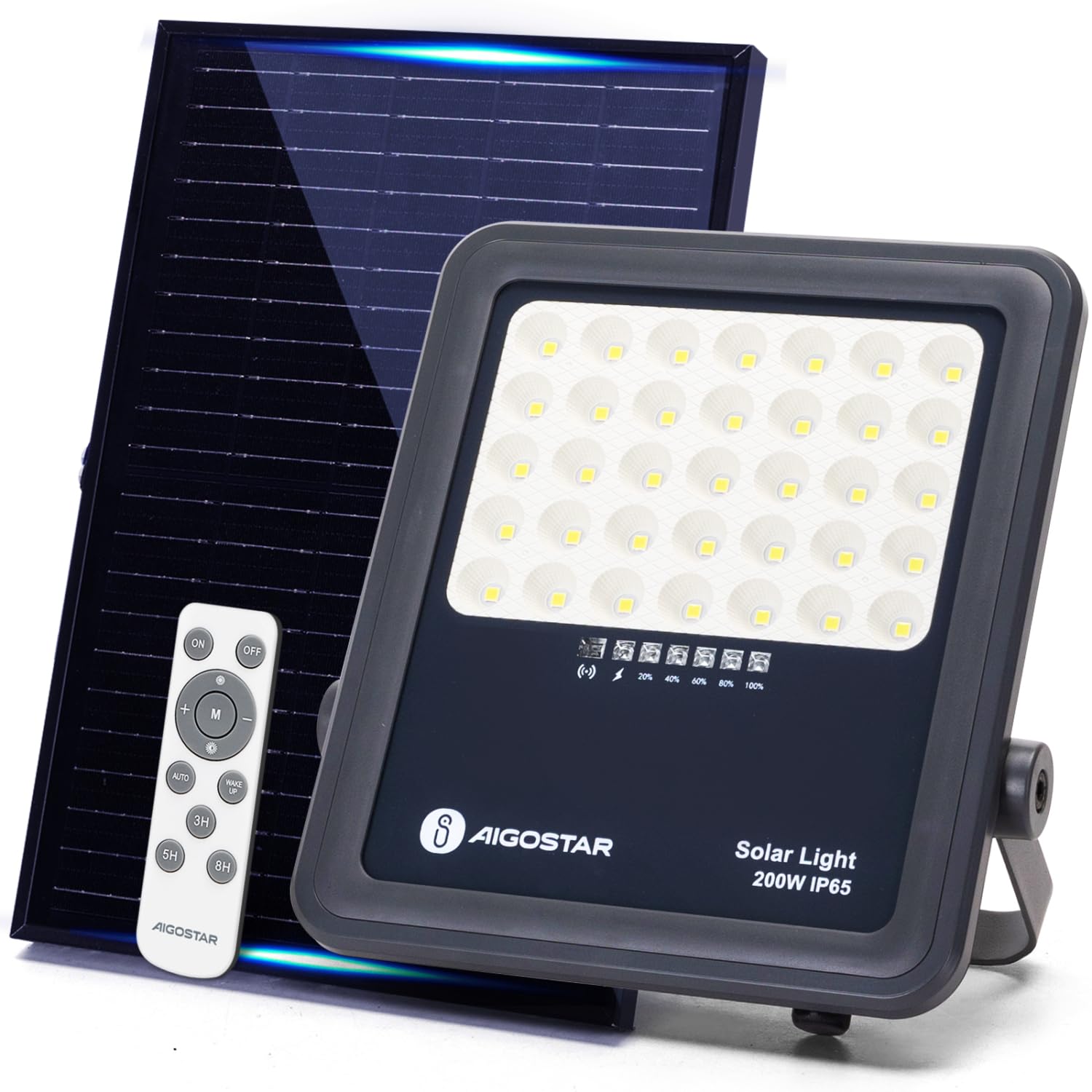 Aigostar Foco proyector LED solar con control remoto,Focos solare de 200W,2000LM,luz blanca fría de 6500K,IP65 impermeable Luz solar exterior,para jardín,terrazas,caminos,garajes,cable de 2M