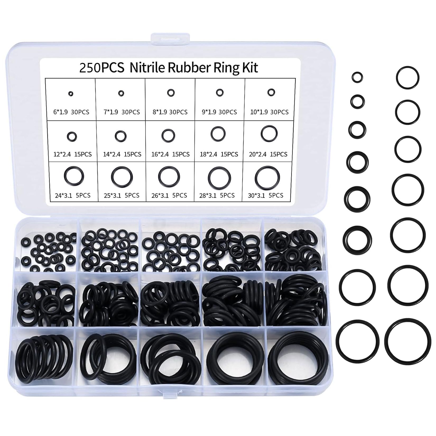 250 Pcs O Ring Assortment Kit 15 Sizes Rubber Black black