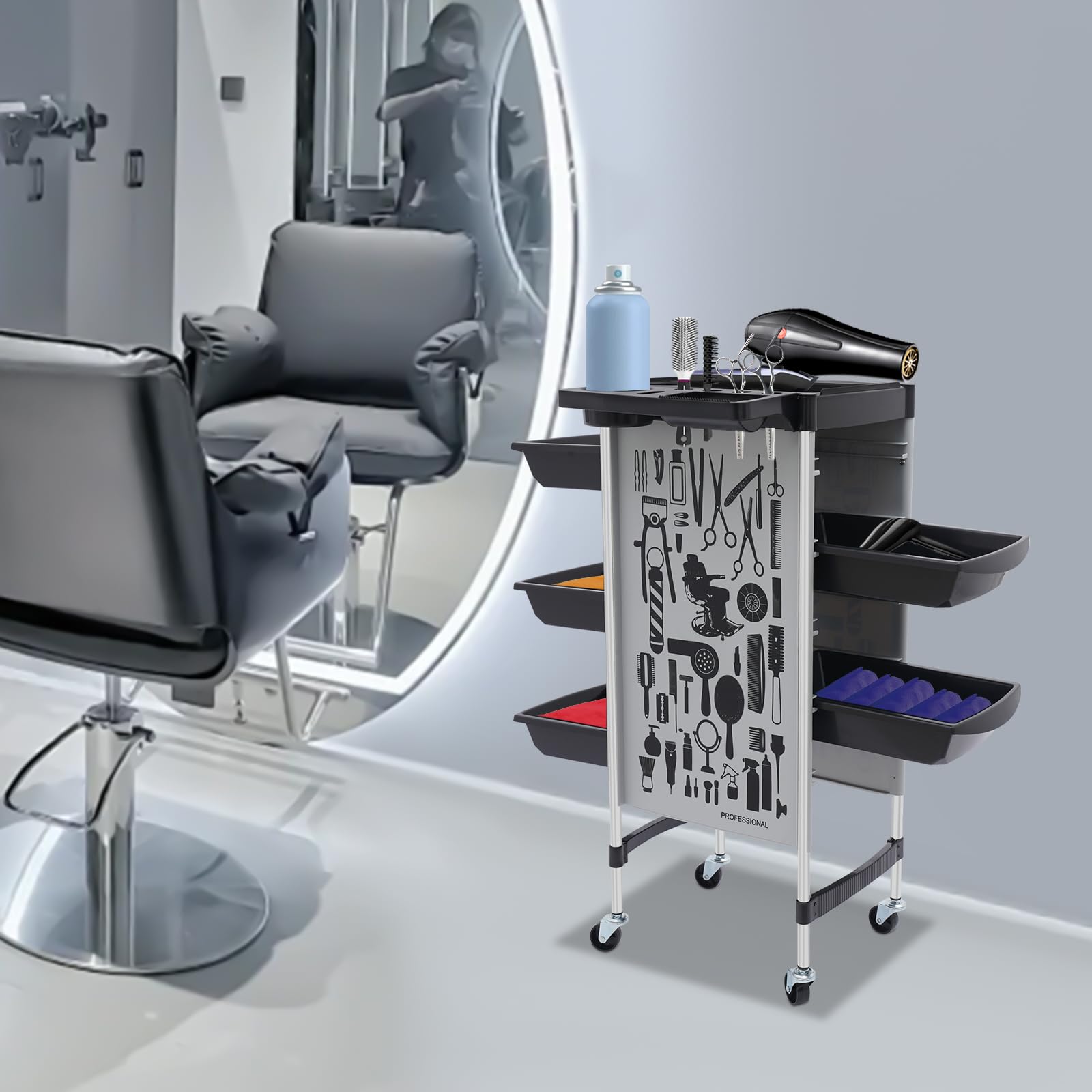 Carrito de peluquería con ruedas (5 cajones, 36 x 90 cm, 80 kg), color negro | Carrito de salón 36 x 90 cm, 5 cajones. Capacidad de carga: 80 kg. 4 ruedas. Para peluquería.