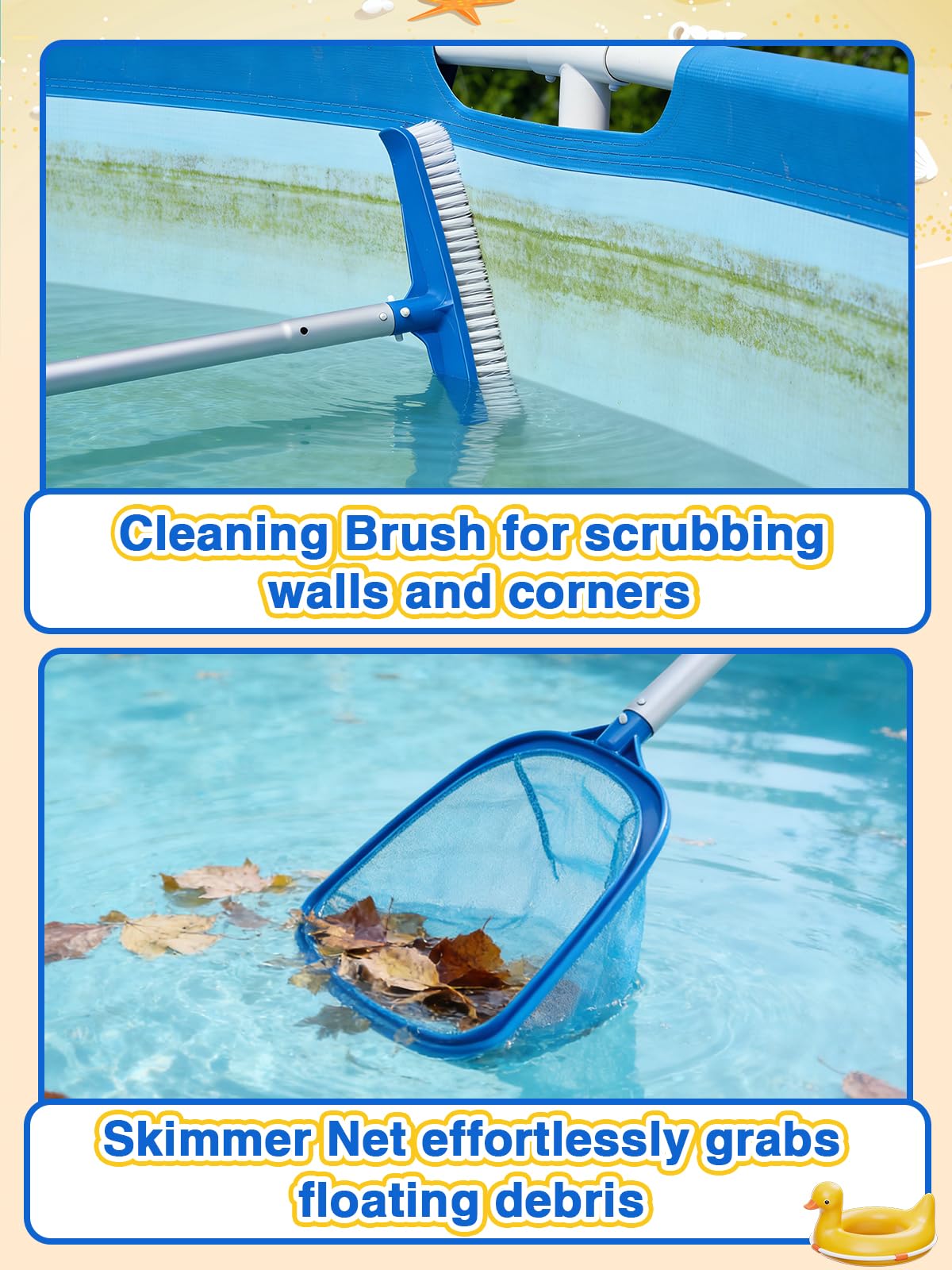 Kit di pulizia portatile 3 in 1 per piscine fuori terra, include aspirapolvere con sacchetti a rete, spazzola, retine per skimmer, asta regolabile da 1,9 m per spa, gonfiabili o piscine con telaio per