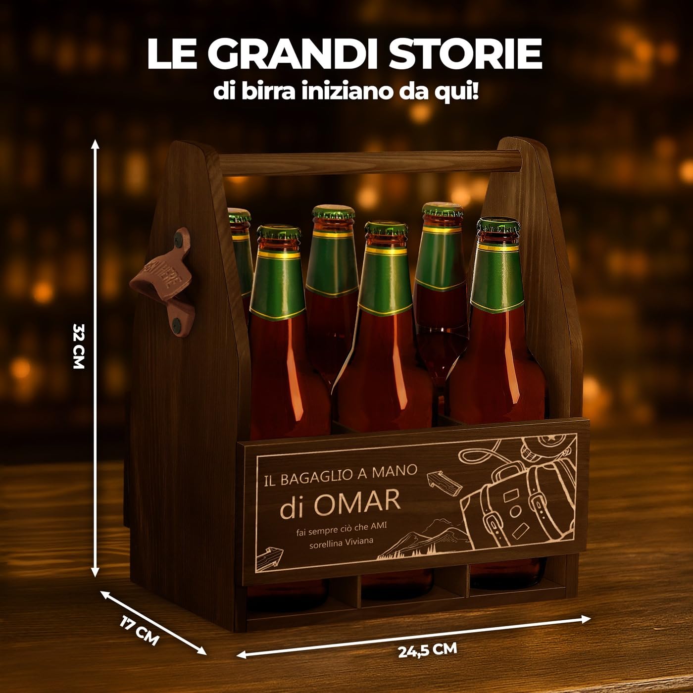 Portabottiglie In Legno Naturale Per 8 Birre Con Apribottiglie - Regalo Uomo Personalizzabile Con Incisione - Borsa In Compensato Di Betulla - Fatto In Austria - 2