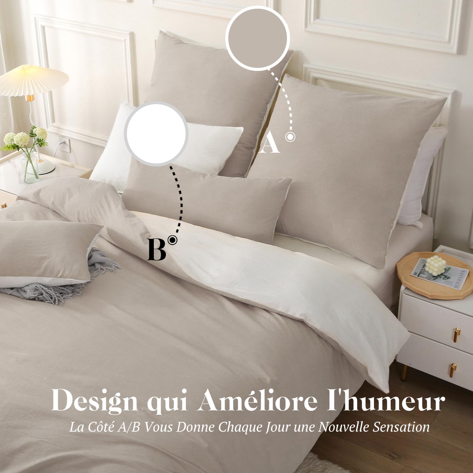 SOULFUL Copripiumino 140 x 200 cotone, cammello scuro set copripiumino con cerniera, 100% cotone lavato, texture lino, set da letto 140 x 200 cotone con 1 federa 65 x 65 cm