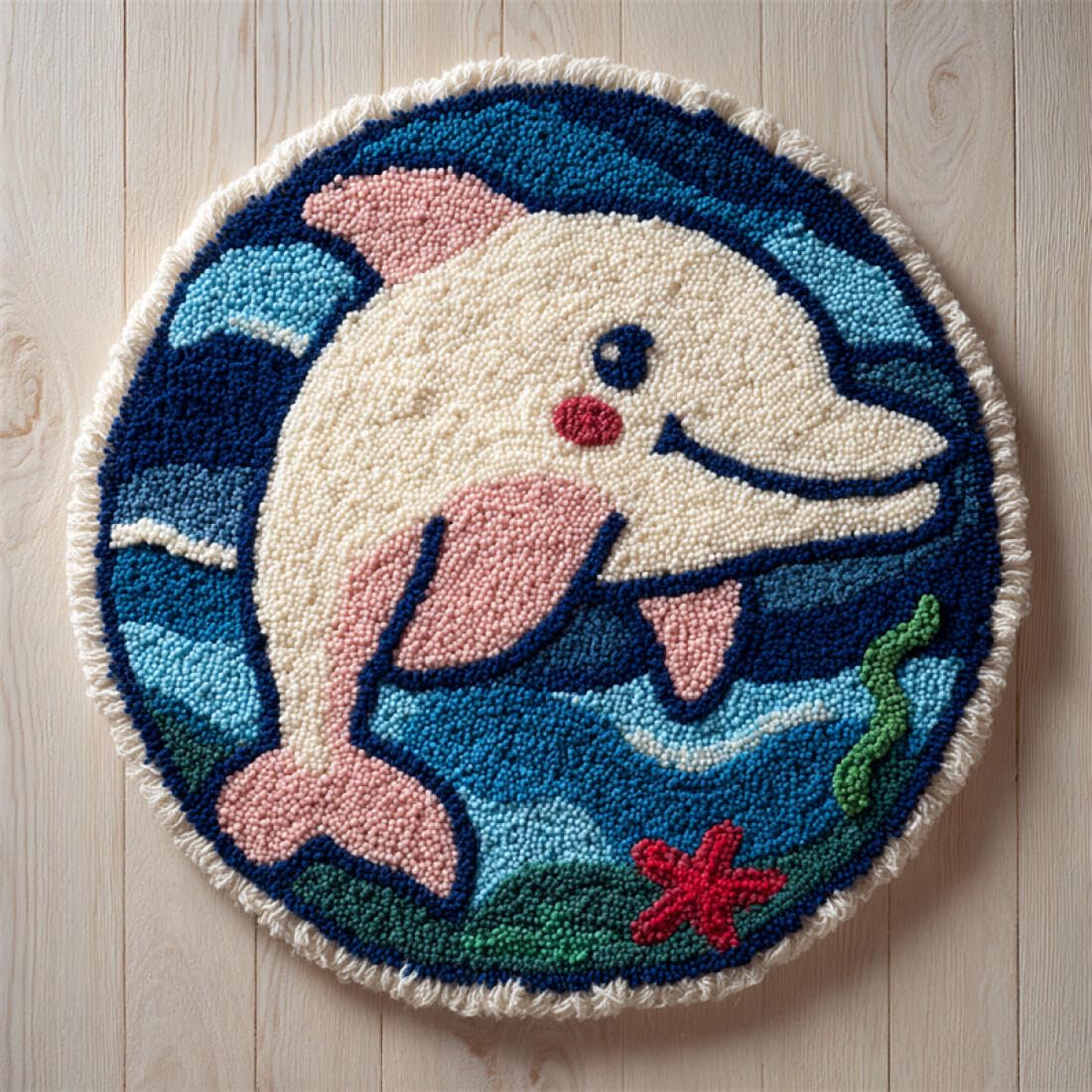 Rqwybcaxn G Diy Ru Latch Hook Kits For Beginners Animal Cross Stitch Kit Cartoon Dolphin 60X60cm Round Washable Area Ru Bedroom Wall Hangin