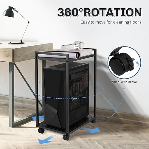 Miniatura 3 de Soporte de torre de computadora de 2 niveles con 2 ganchos y ruedas giratorias de bloqueo debajo del escritorio para oficina y hogar (S)