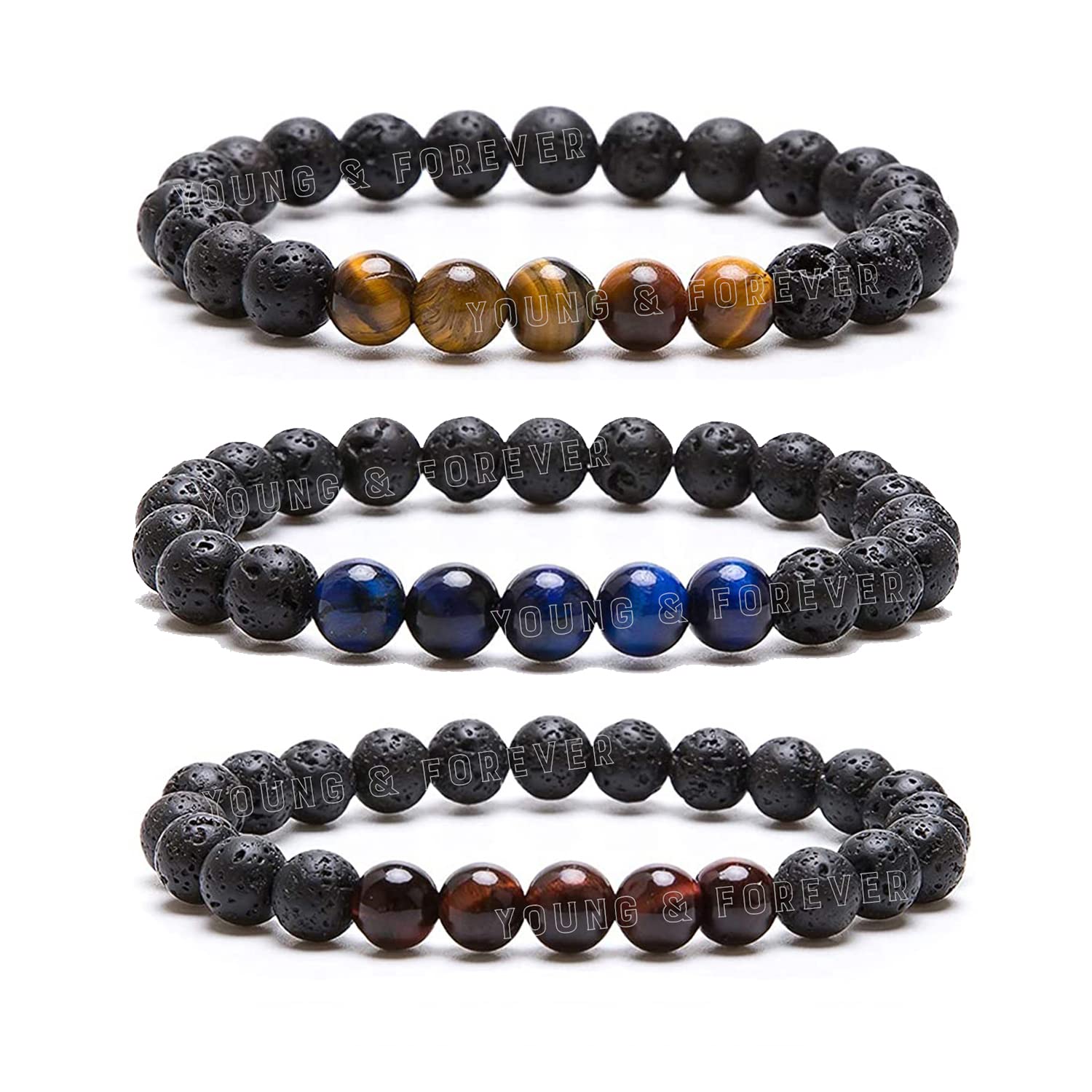 Young & Forever Natural Stone Beaded Bracelet, Lava Rock with Tiger Eye, Blue