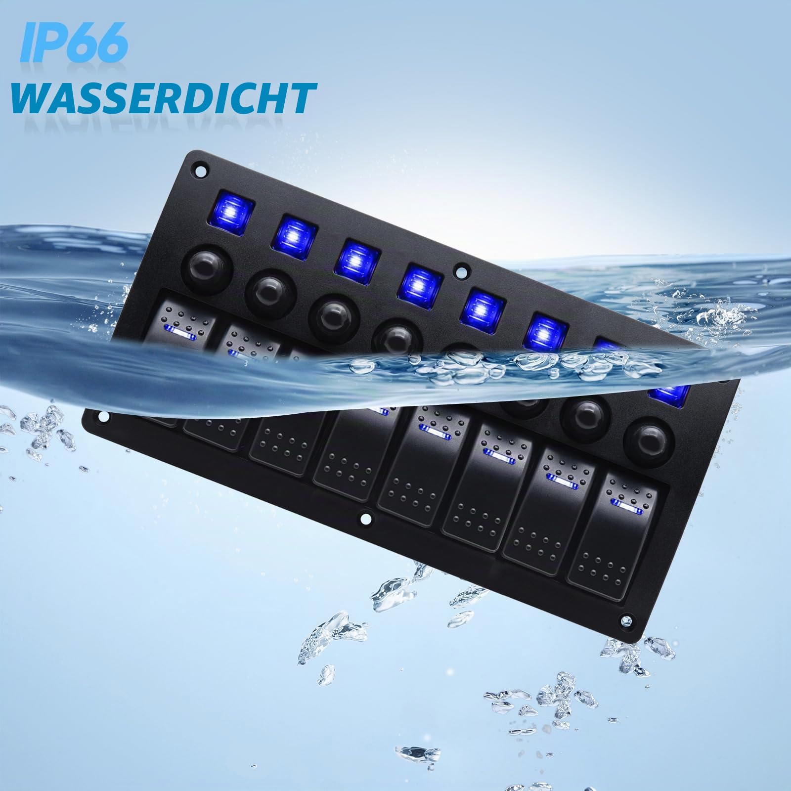 Geloo 8 Gang Marine Schalter Panel wasserdichte Toggle Rocker Switch Panel 12V /24V Leistungsschalter blau LED für Auto RV Fahrzeug Boat Yacht