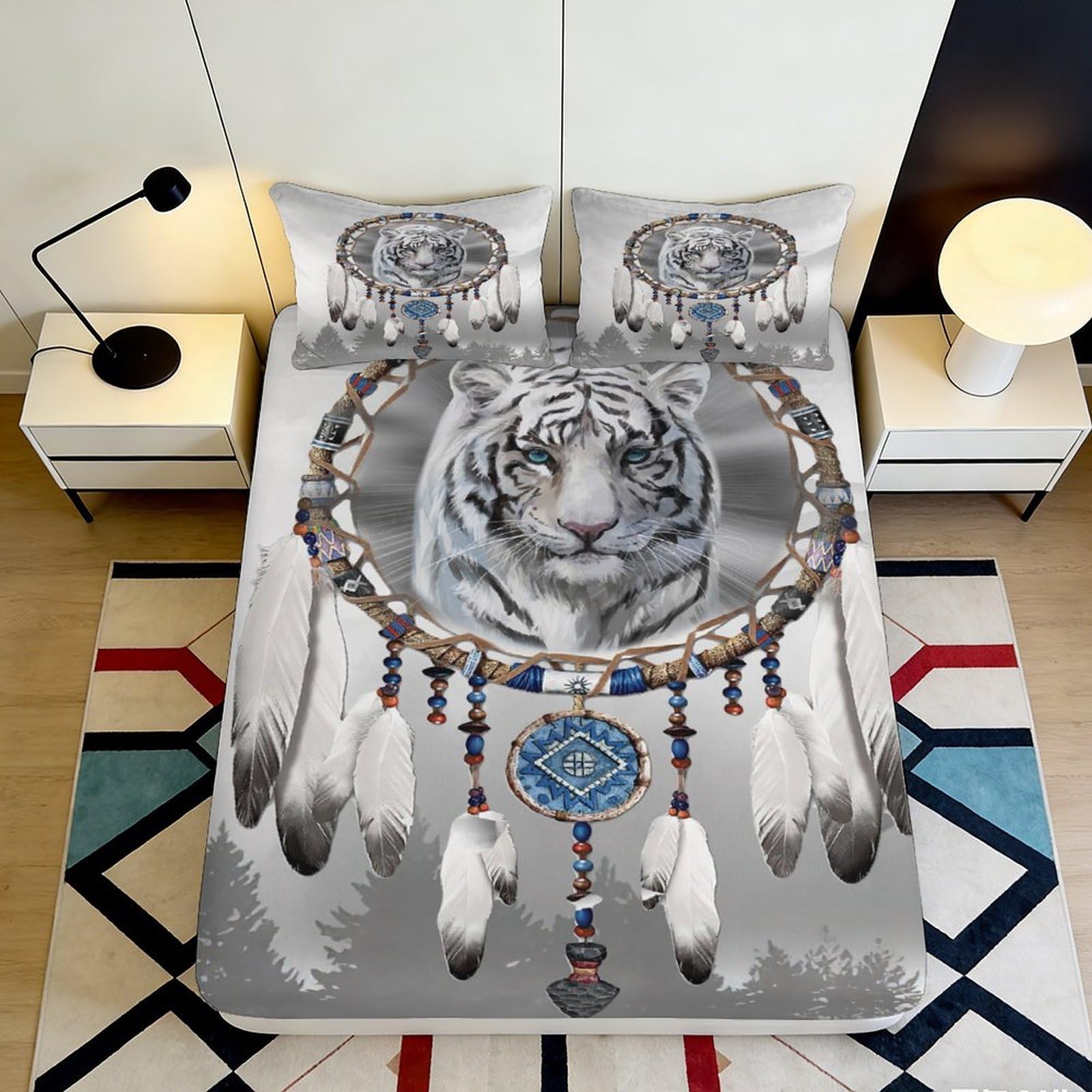 3D Printed White Tiger Dreamcatcher Fitted Sheet Microfiber Deep Pocket Non-Slip Bedroom Bedding Dreamcatcher Mattress Fitted Cover Washable for Adults 200x200x25cm