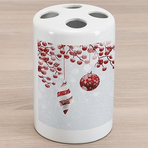 Miniatura 1 de Ambesonne Soporte para cepillos de dientes de cerámica navideña, diseño tradicional, ramas de acebo, estampado de nieve y efecto bokeh, encimera