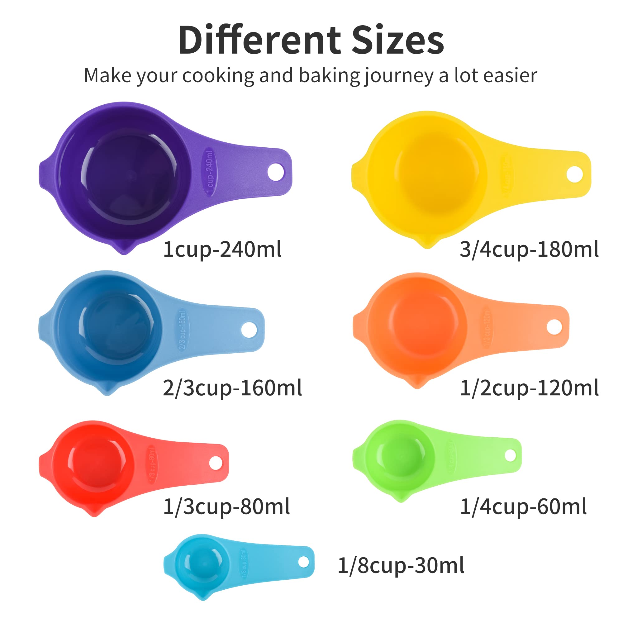 Juego de 15 tazas y cucharas medidoras de plástico, lindas cucharas y tazas medidoras de color para hornear y cocina, juego de herramientas de medición arcoíris con taza medidora de 2/3 y 3/4 tazas 2