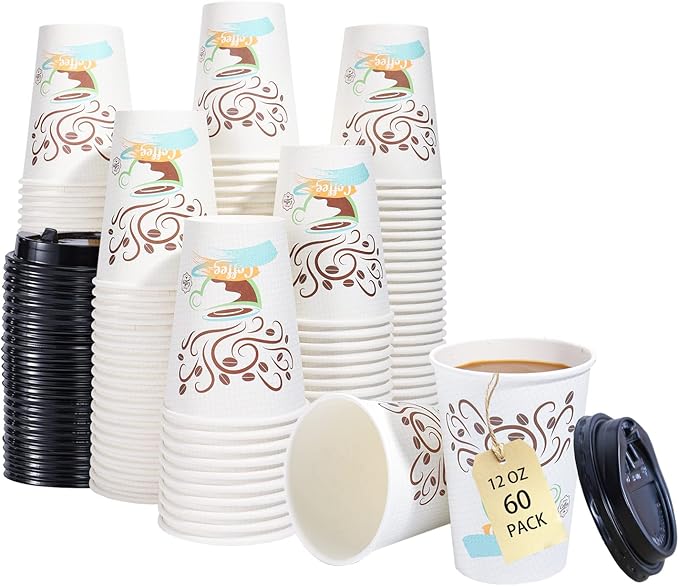 Lamosi 12 OZ Disposable Coffee Cups with Lids(60 Pack), 12