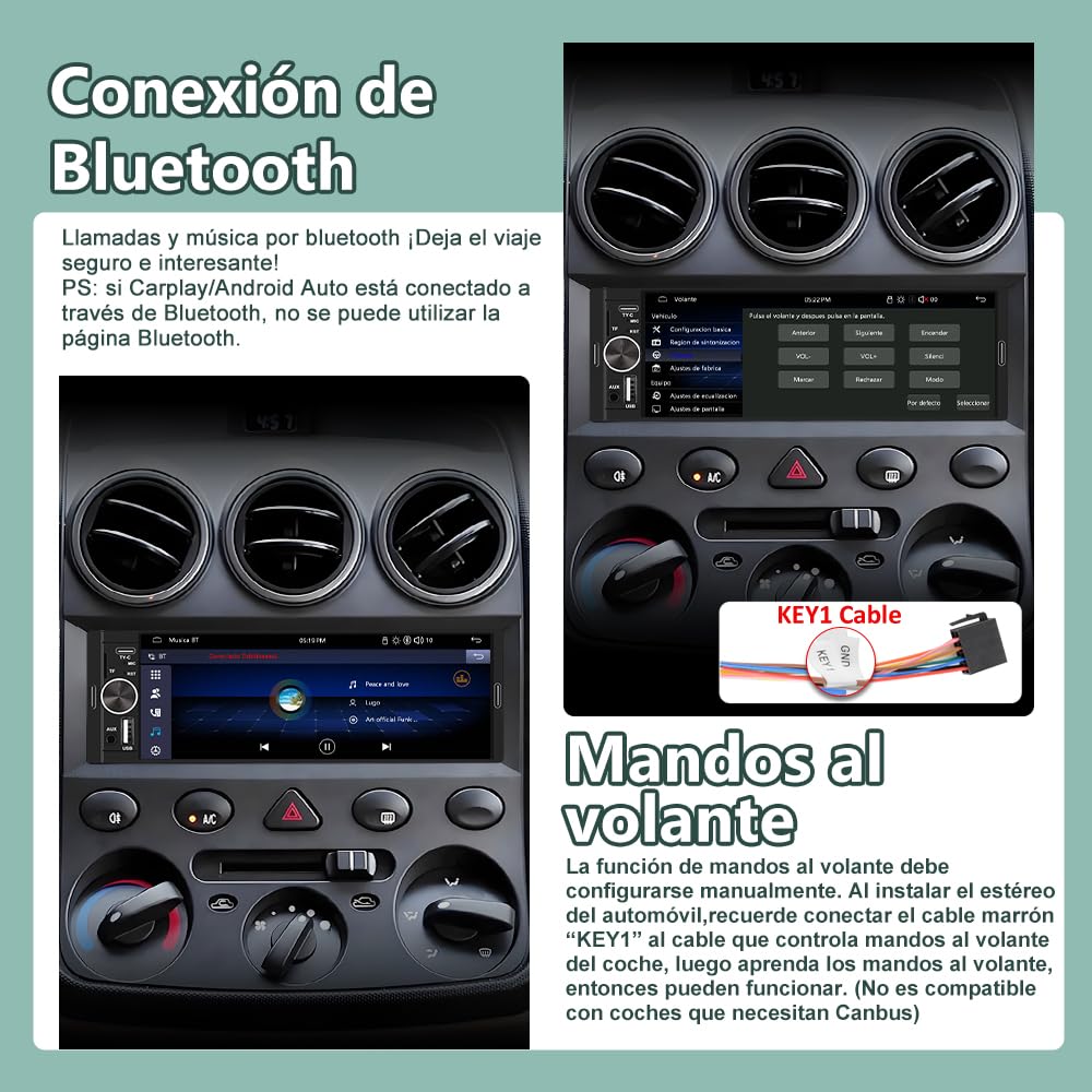 Junsun Radio Coche 1 DIN con CarPlay y Android Auto Inalámbrico, Autoradio con Pantalla Táctil de 6,36" y Cámara Trasera, Admite Bluetooth, FM, USB, TF, DSP y Mandos al Volante