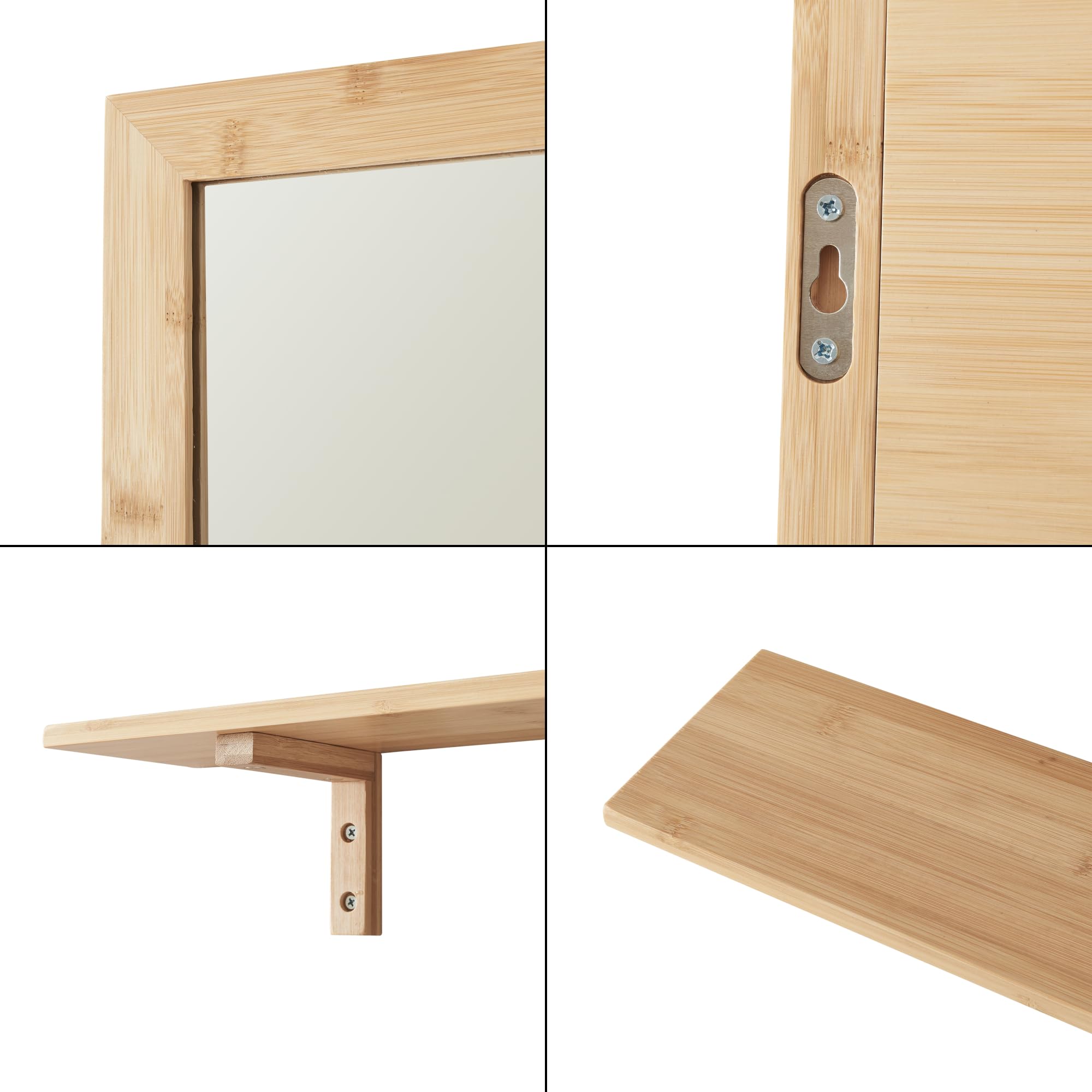 [en.casa] Set da Bagno di Specchio da Parete Rettangolare 80 x 60 cm con Mensola Specchio con Cornice e Ripiano in Bambù da Appendere per Ingresso Corridoio - Naturale