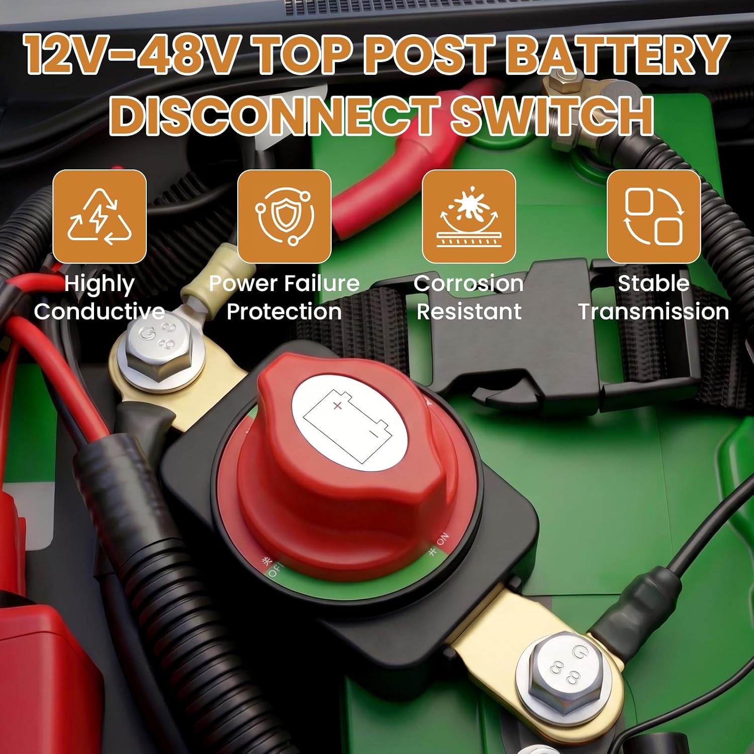 1Pack Side Post Battery Disconnect Switch with Terminal Cover, 12-48V 275A Universal Battery Isolator Switch | for Vehicle Truck Trailer RV