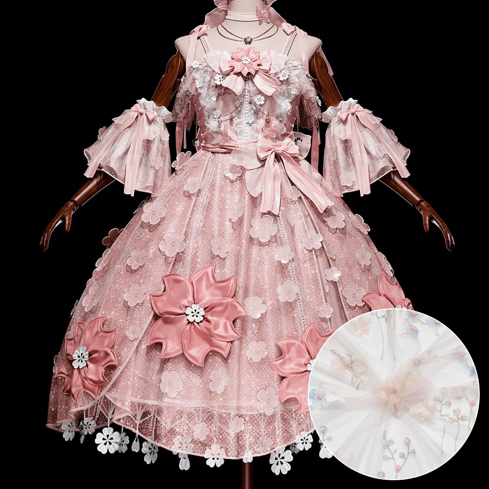Pizzo ricamato floreale 3D rosa con perle, tessuto per abito da