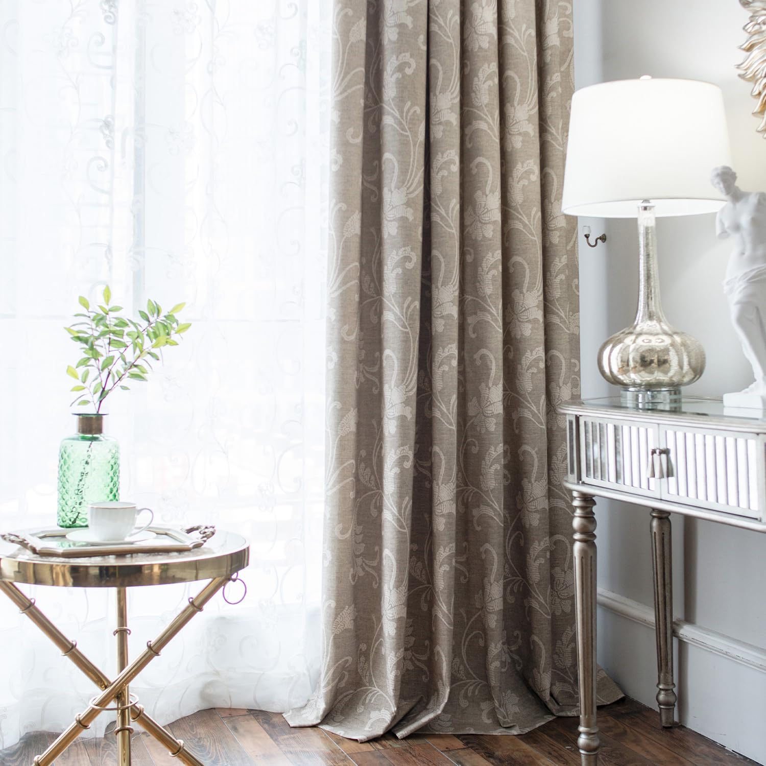 VOGOL Light Brown Leaves Printed Curtains & Drapes, 2 Panels Light Filtering Privacy Curtains for Bedroom Living Room, 52 x 84 Inches Linen Textured