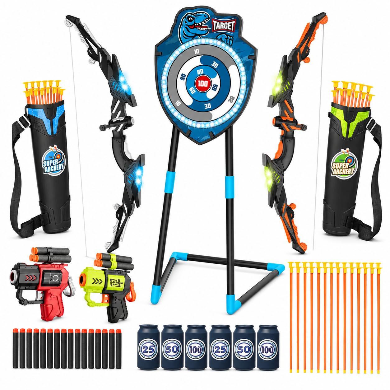 Kit de tir à l'arc LED pour enfants de 4 à 12 ans – Comprend un arc et des flèches, cible debout – Jouet de sport de plein air parfait pour garçons et filles (bleu/vert)