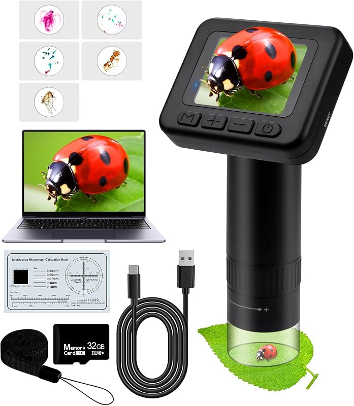 Handheld Microscope for Kids - 1000X Portable Microscope for Kids, Photo and Video Microscopes 2in Screen, Science Kit Gift for Kid Adults Boys Girls, Digital Coin Magnifier, 32GB, 5Pcs Sample Slides