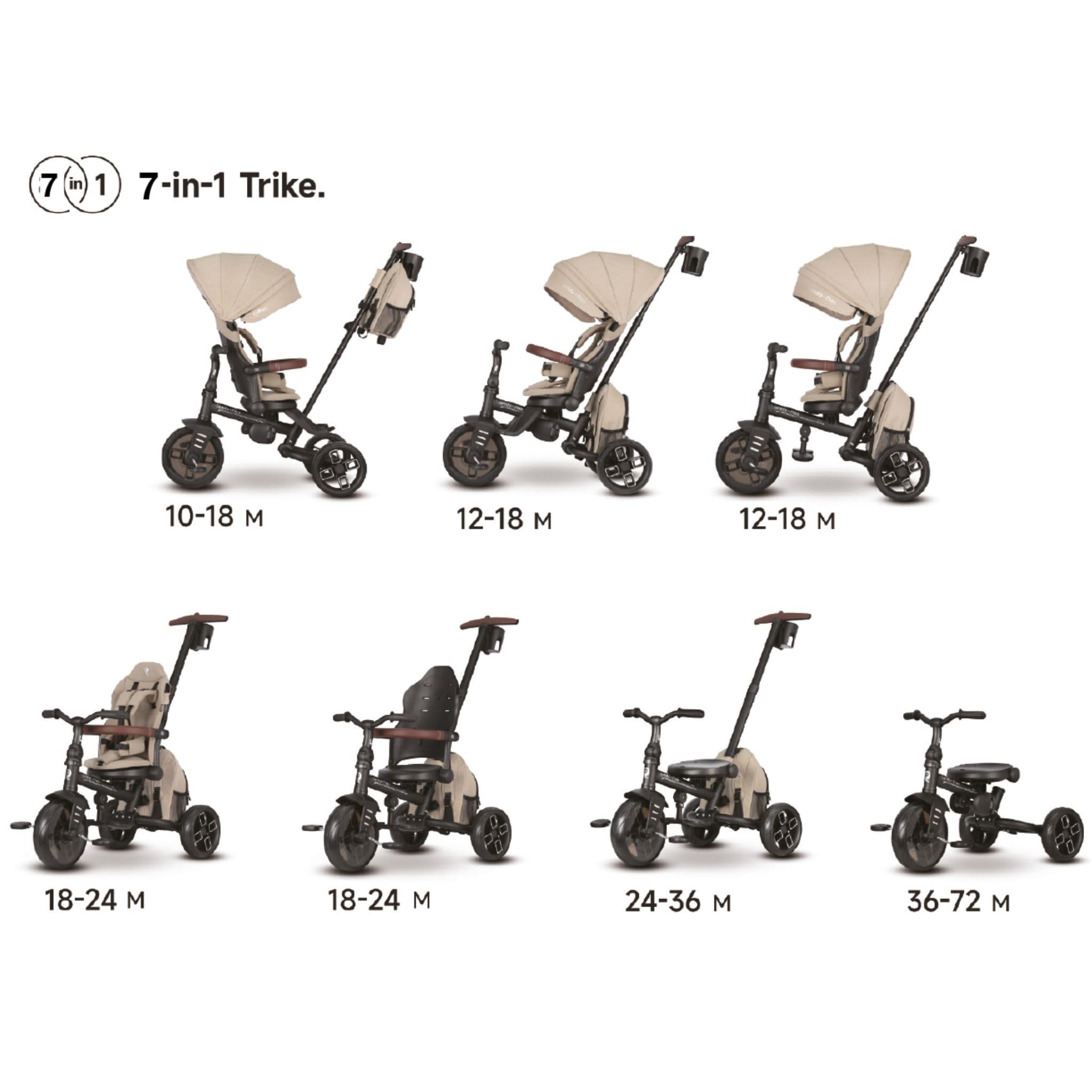 Triciclo evolutivo QPLAY Comfo Max 7 in 1 multi accessoriato, fronte strada e fronte mamma, reclinabile, adatto a bambini dai 10 ai 72 mesi, pieghevole, portata fino a 25 kg (Grigio)