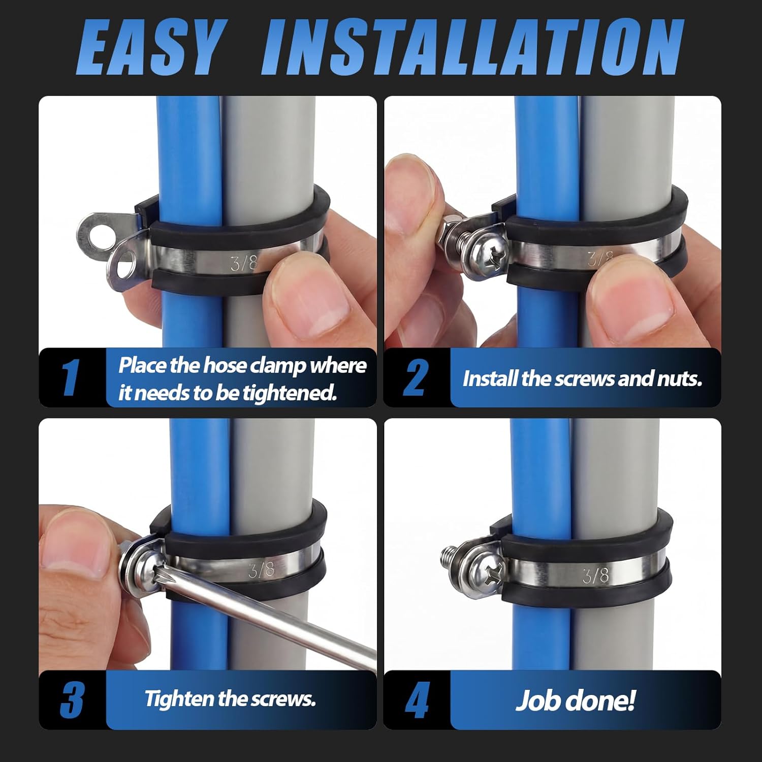 50 Pcs 3/8 Inch Stainless Steel Cable Clamps Rubber Cushioned Insulated Clamp, Conduit Wire Holder Strap Clips for Tube, Pipe or Wire Cord Installation