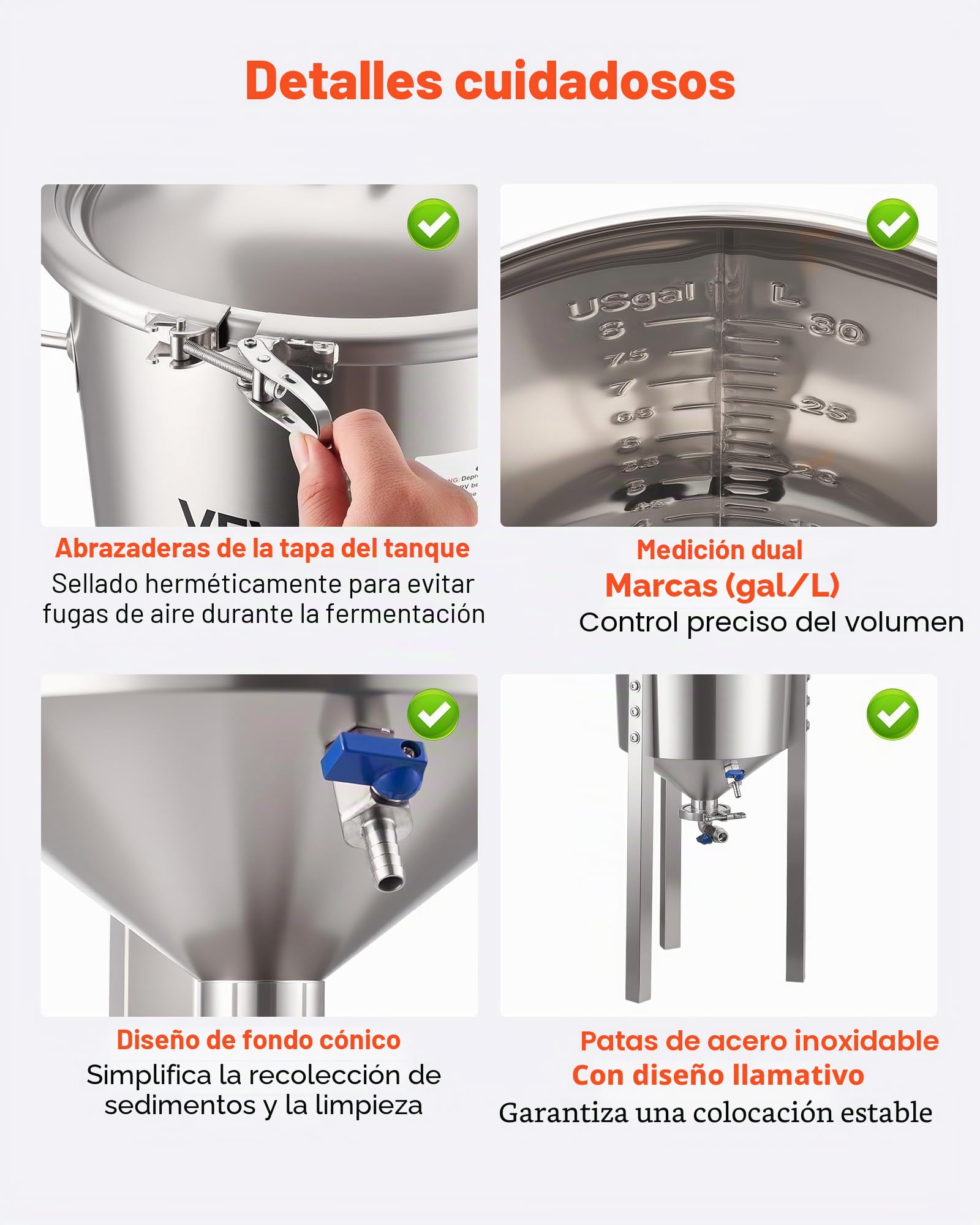 VEVOR Recipiente de Fermentación Cónico de Acero Inoxidable, 30 L, para Elaboración Casera de Cerveza y Vino, Caldera de Fermentación con Fondo Cónico, Patas Extensibles, Tapa, Asa y Termómetro