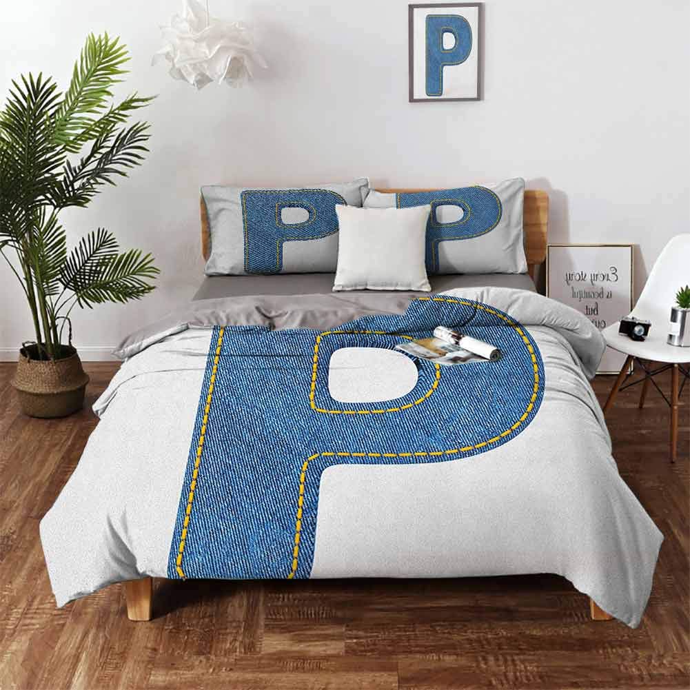Letter P Bed Sheet Set, Fabric Theme Font Design Alphabet Uppercase P with Blue Jean Style Stitches Print Comforter Cover and 2 Pillow Shams Ultra Soft Microfiber Bedding - Full 80"x90" Blue Yellow
