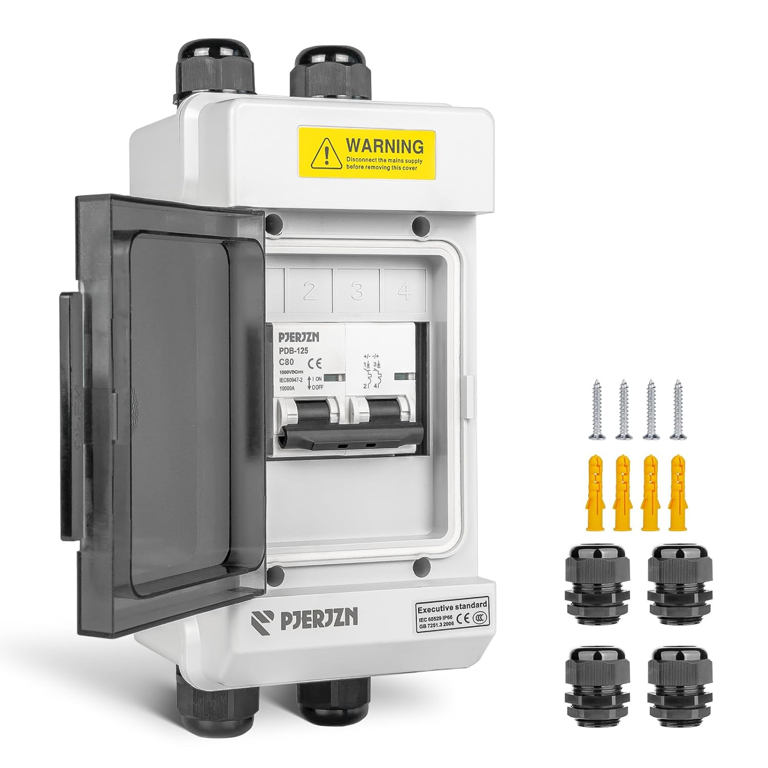 Solar Panels Disconnect Switch 125A 1000VDC PV Shut Off Switch Outdoor 1 in 1 Out Circuit Breaker Box IP66 Waterproof UV-Proof