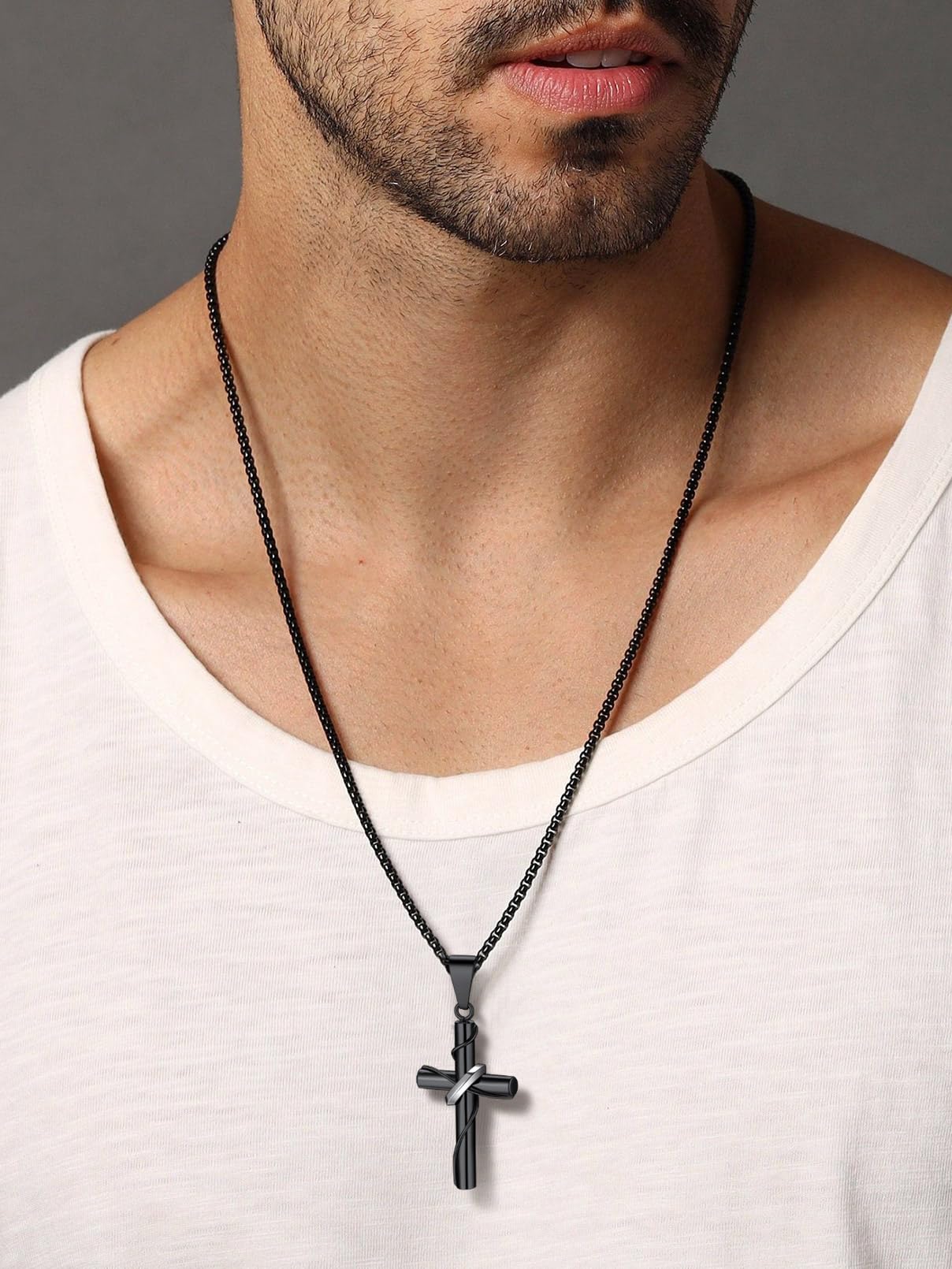 FaithHeart Colgante Cruz Hombre Collar Acero Inoxidable 316L Colgantes Cruces Impermeable Plateado/Dorado/Negro Cadena Eslabones 55cm+5cm Joyas Hombres con Caja de Regalo
